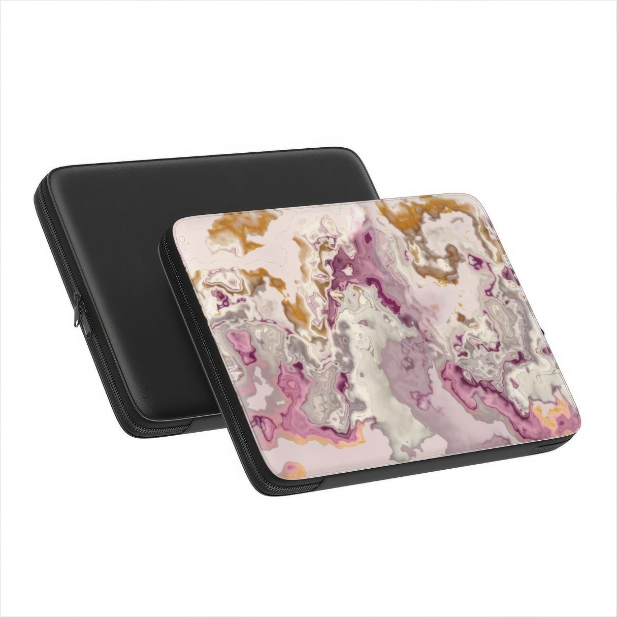 Laptop Sleeve side and back view; Marshmallow pattern, artistic, abstract marble pattern. Pink and beige color combination.