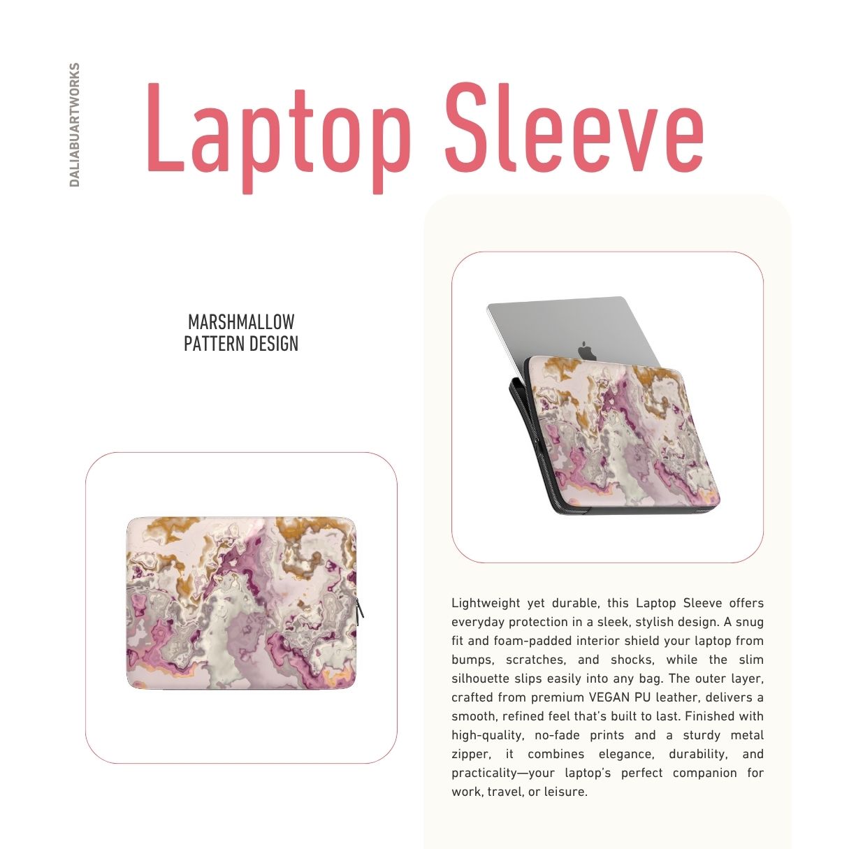 Laptop Sleeve description; Marshmallow pattern, artistic, abstract marble pattern. Pink and beige color combination.
