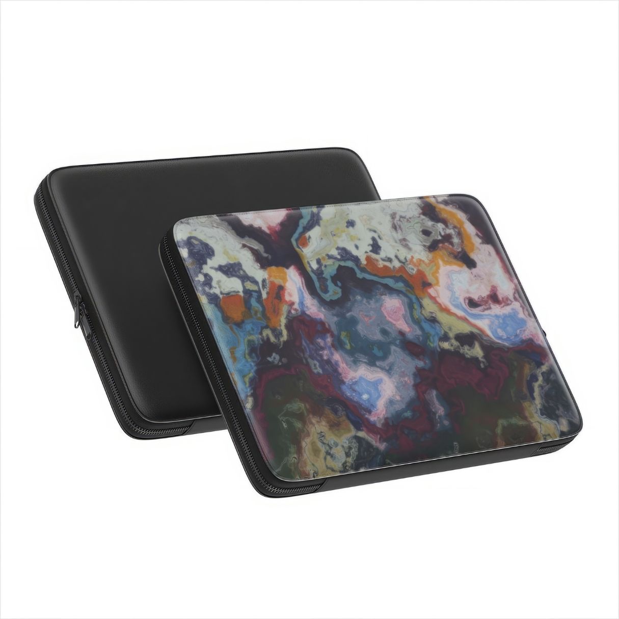 Laptop Sleeve with Molten Berries pattern, artistic, abstract marble pattern. Deep. purple color. Bold expressive aesthetic design. Colorful and interior fit. Side and back view.