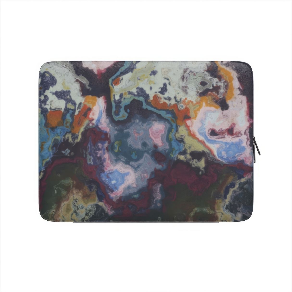 Laptop Sleeve with Molten Berries pattern, artistic, abstract marble pattern. Deep. purple color. Bold expressive aesthetic design. Colorful and interior fit. Front view.