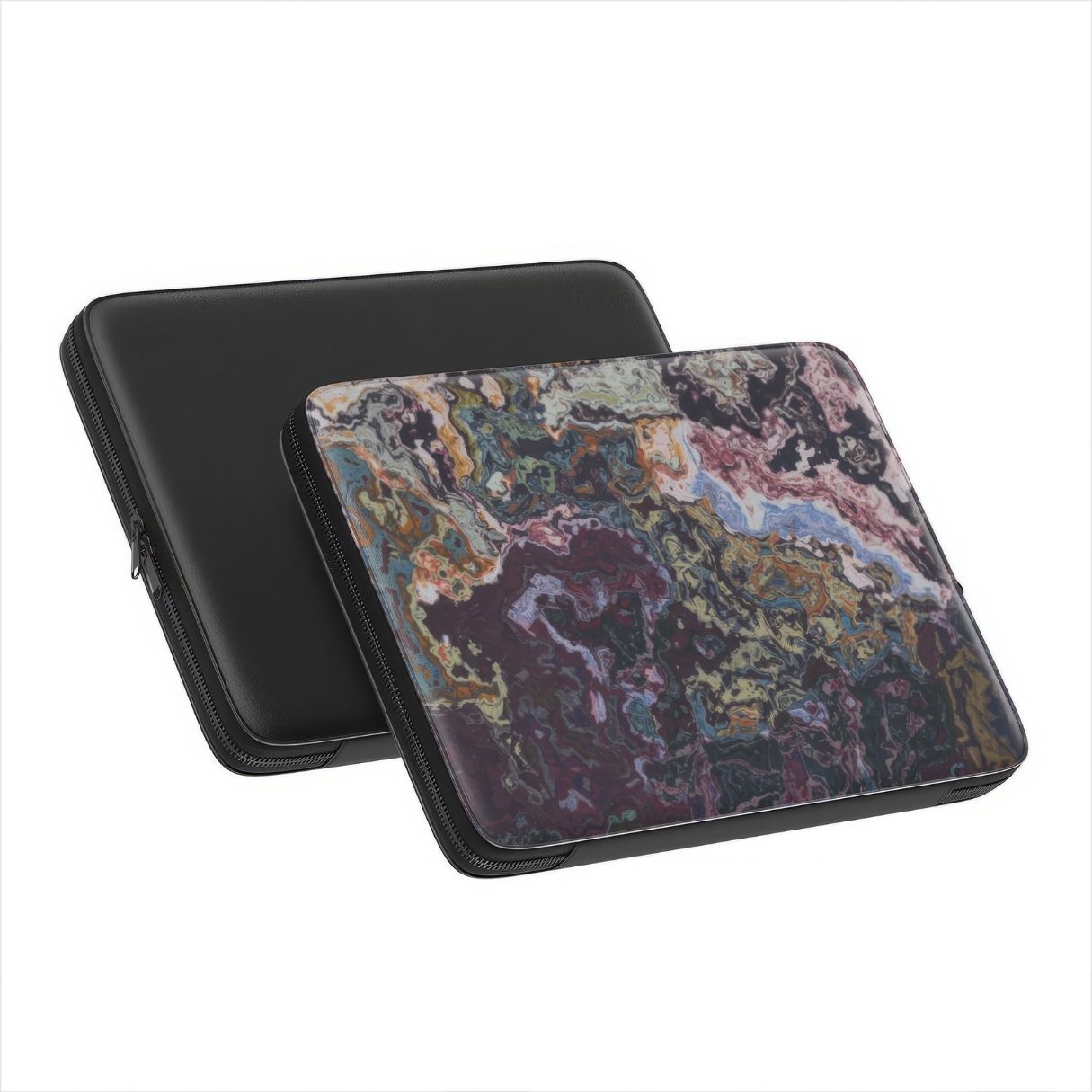 Laptop Sleeve with Molten Berries Mix pattern, artistic, abstract marble pattern. Deep. purple color. Bold expressive aesthetic design. Colorful and interior fit. Side and back view.