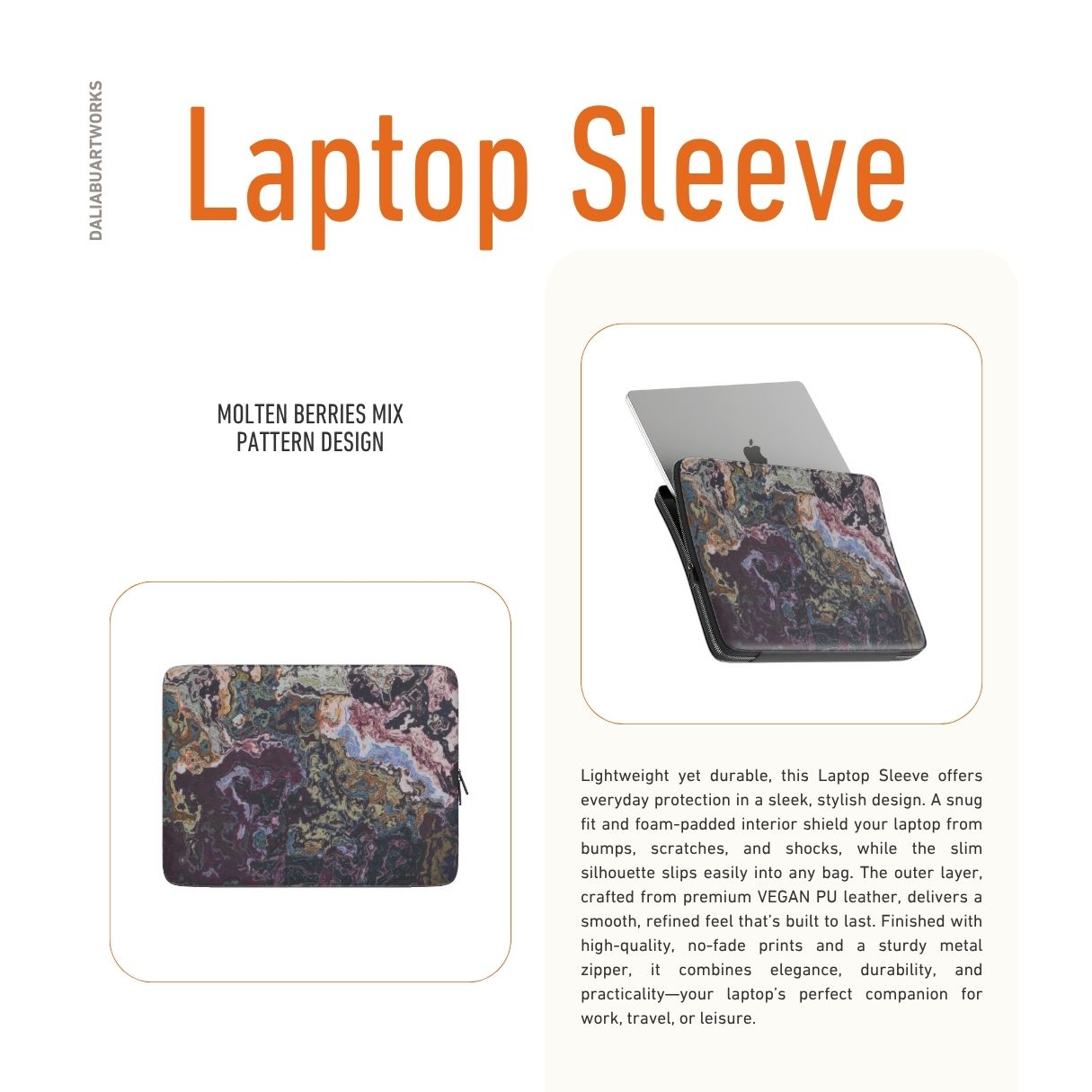 Laptop Sleeve with Molten Berries Mix pattern, artistic, abstract marble pattern. Deep. purple color. Bold expressive aesthetic design. Colorful and interior fit. Description.