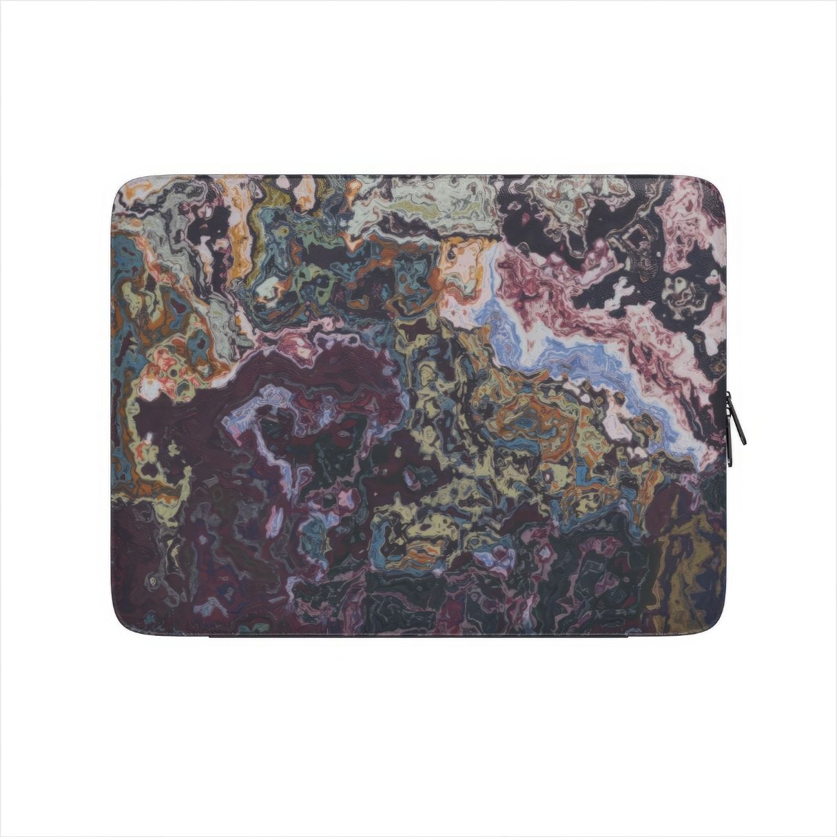 Laptop Sleeve with Molten Berries Mix pattern, artistic, abstract marble pattern. Deep. purple color. Bold expressive aesthetic design. Colorful and interior fit. Front view.