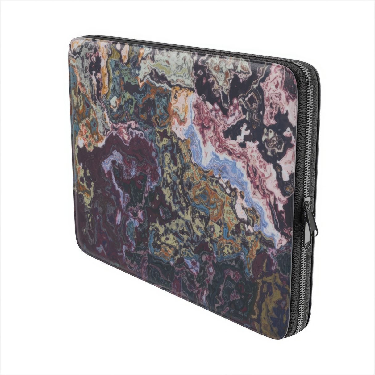 Laptop Sleeve with Molten Berries Mix pattern, artistic, abstract marble pattern. Deep. purple color. Bold expressive aesthetic design. Colorful and interior fit. Side view.