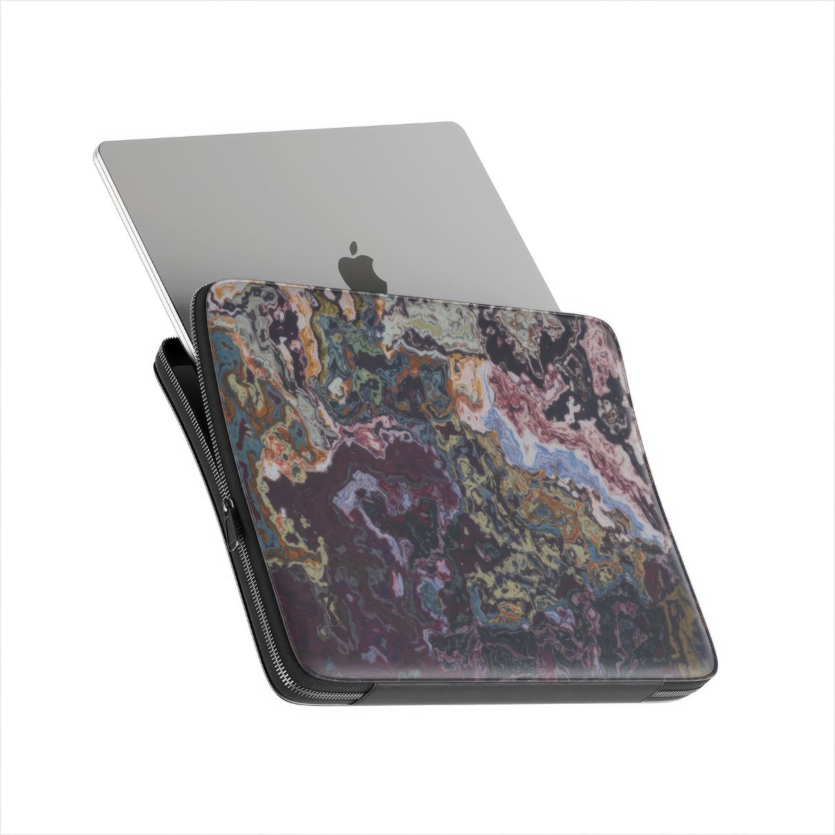 Laptop Sleeve with Molten Berries Mix pattern, artistic, abstract marble pattern. Deep. purple color. Bold expressive aesthetic design. Colorful and interior fit. Side view with device.