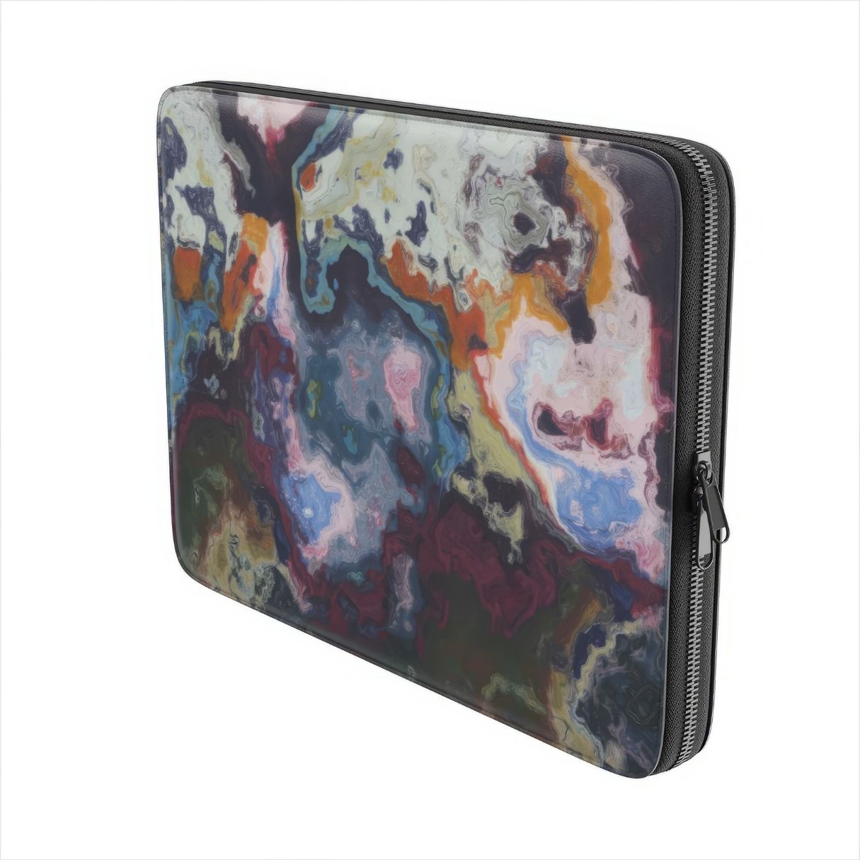 Laptop Sleeve with Molten Berries pattern, artistic, abstract marble pattern. Deep. purple color. Bold expressive aesthetic design. Colorful and interior fit. Side view.