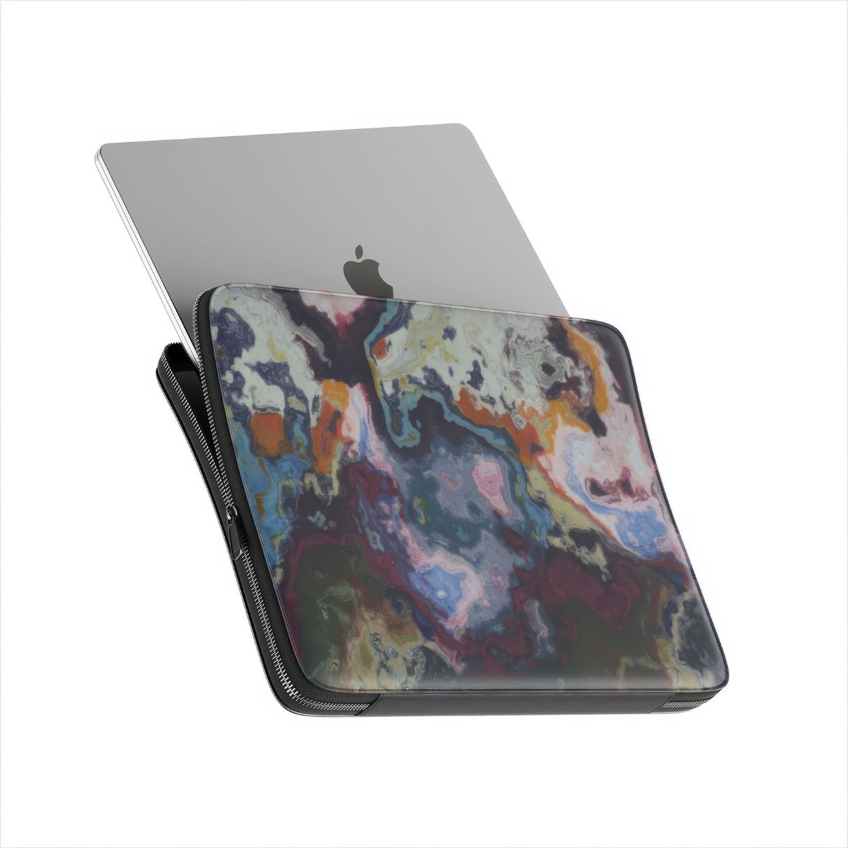 Laptop Sleeve with Molten Berries pattern, artistic, abstract marble pattern. Deep. purple color. Bold expressive aesthetic design. Colorful and interior fit. Side view with device.