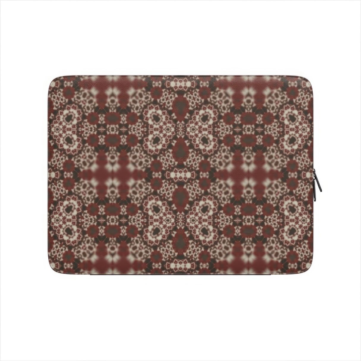 Valentine's edition design. Laptop Sleeve My Heart pattern with ornamental design, featuring an elegant and expressive aesthetic shape. Main color is deep red. Front view.