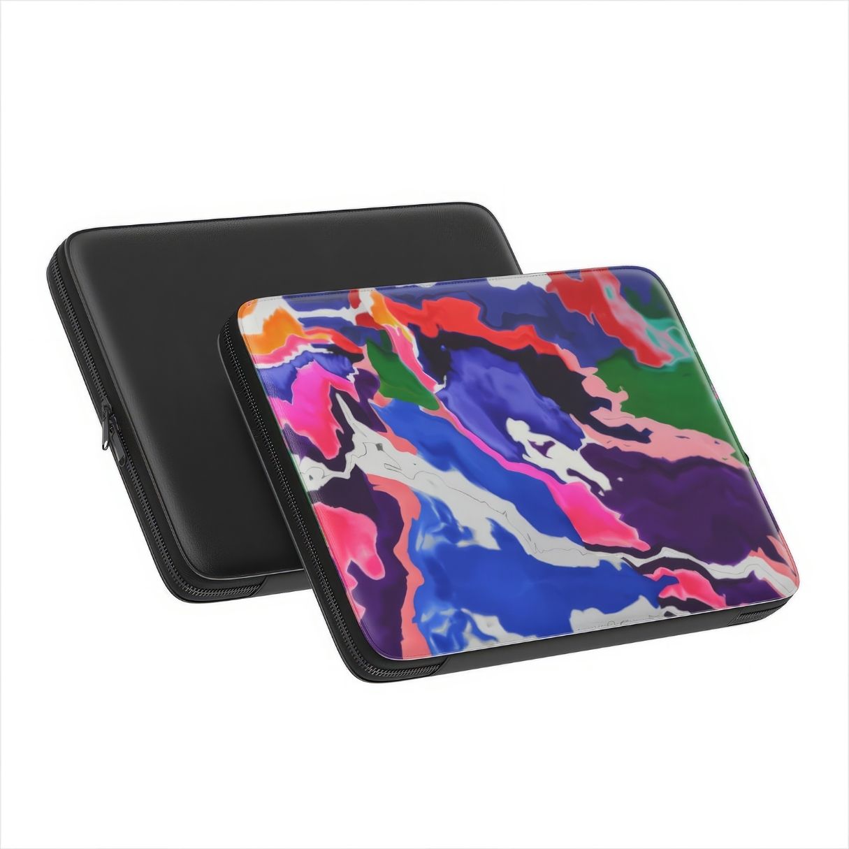Laptop Sleeve back view; Nebula Drift pattern, artistic, abstract marble pattern. Blue and purple color combination. Bold expressive aesthetic design. Colorful and interior fit. Elegant.
