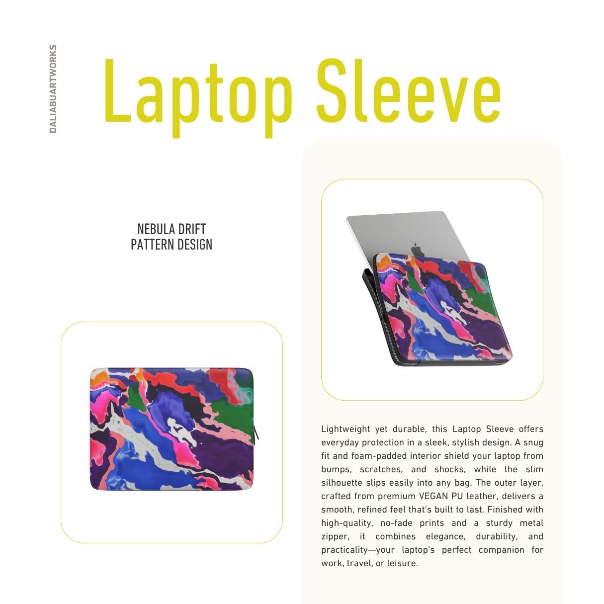 Laptop Sleeve side description; Nebula Drift pattern, artistic, abstract marble pattern. Blue and purple color combination. Bold expressive aesthetic design. Colorful and interior fit. Elegant.