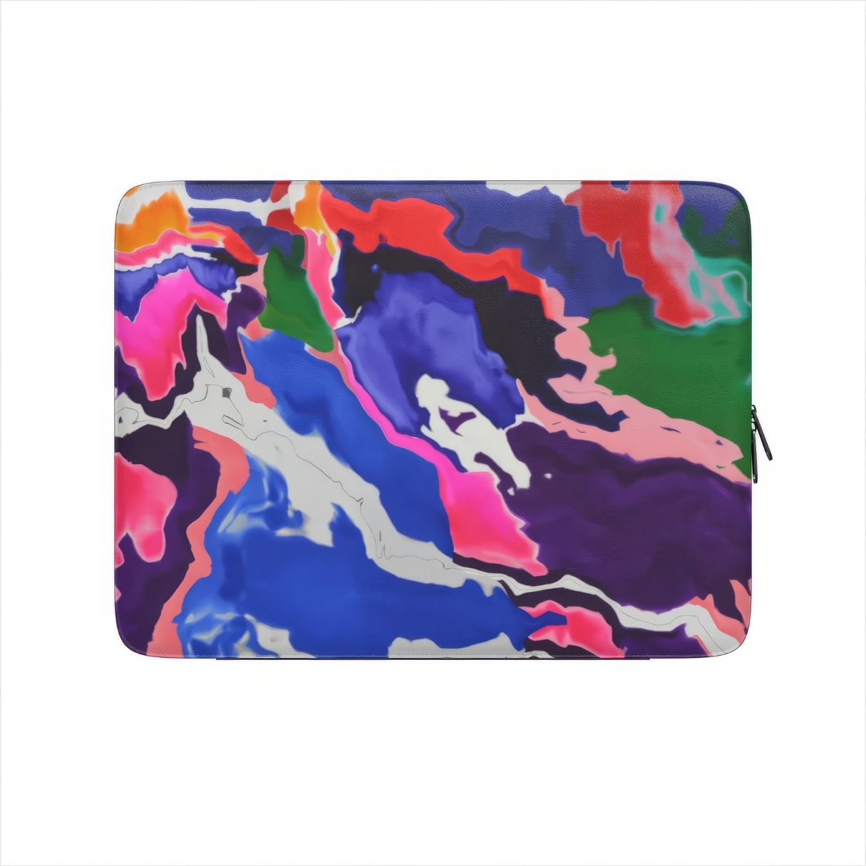 Laptop Sleeve front view; Nebula Drift pattern, artistic, abstract marble pattern. Blue and purple color combination. Bold expressive aesthetic design. Colorful and interior fit. Elegant.