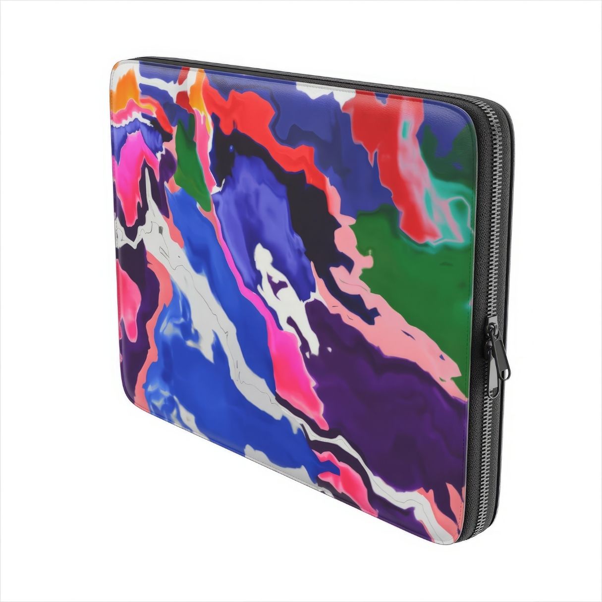 Laptop Sleeve side view; Nebula Drift pattern, artistic, abstract marble pattern. Blue and purple color combination. Bold expressive aesthetic design. Colorful and interior fit. Elegant.