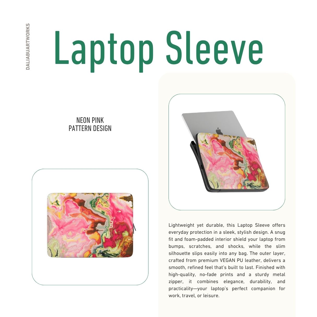 Laptop Sleeve with Neon Pink pattern, artistic, abstract marble pattern. Pink and green color combination. Bold expressive aesthetic design. Colorful and interior fit. Description.