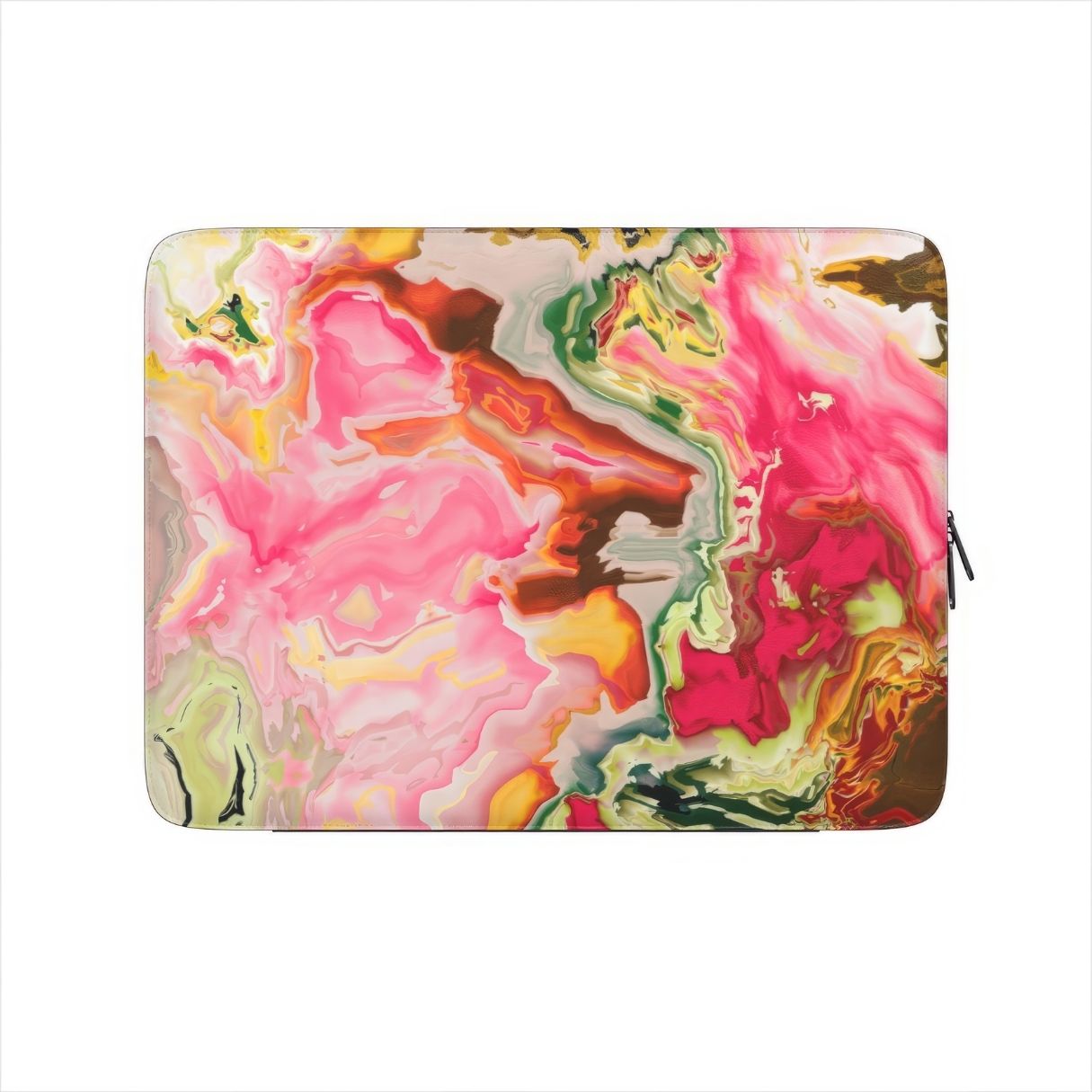 Laptop Sleeve with Neon Pink pattern, artistic, abstract marble pattern. Pink and green color combination. Bold expressive aesthetic design. Colorful and interior fit. Front view.