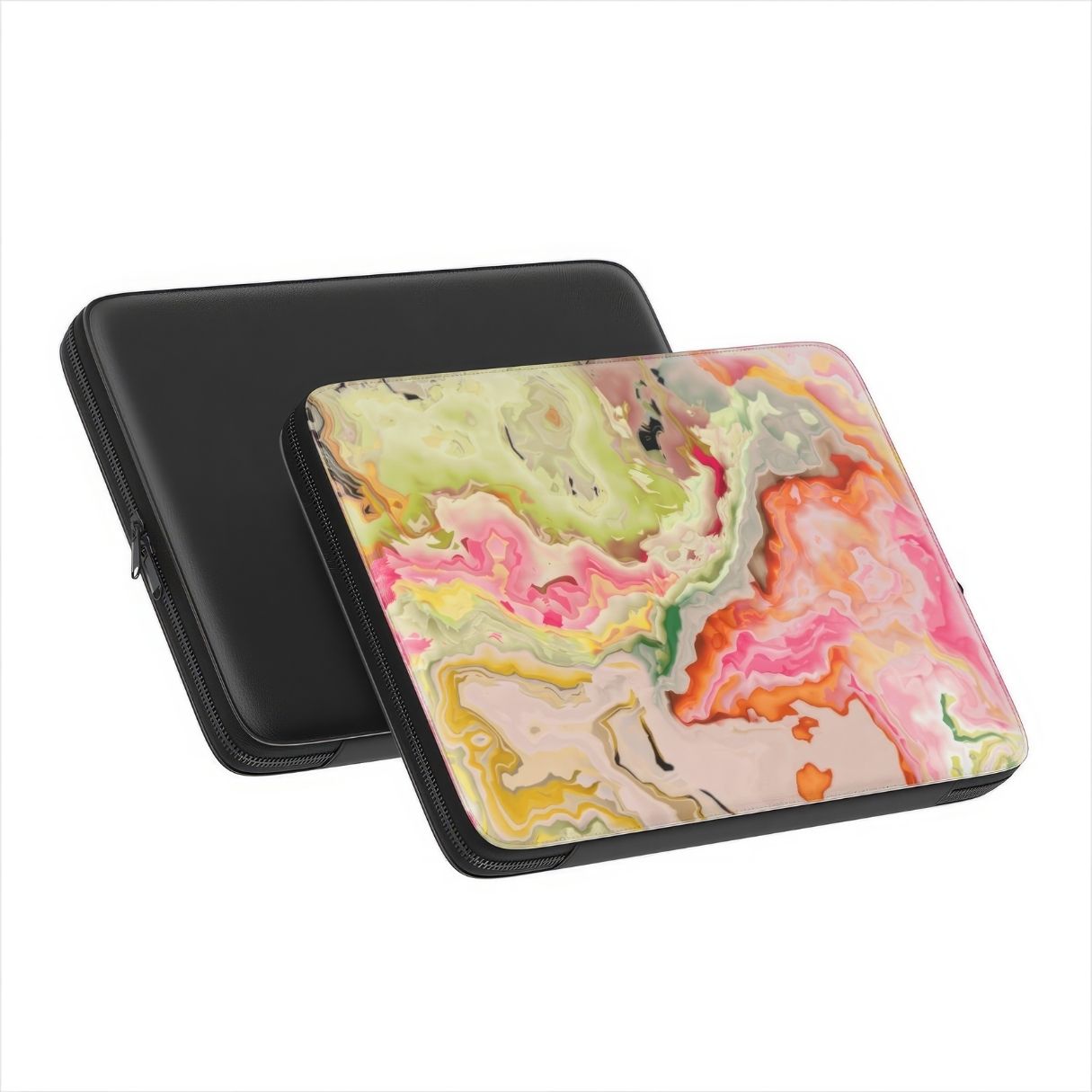 Laptop Sleeve with Neon Pink Light pattern, artistic, abstract marble pattern. Light pink and green color combination. Bold expressive aesthetic design. Colorful and interior fit. Front and back view.