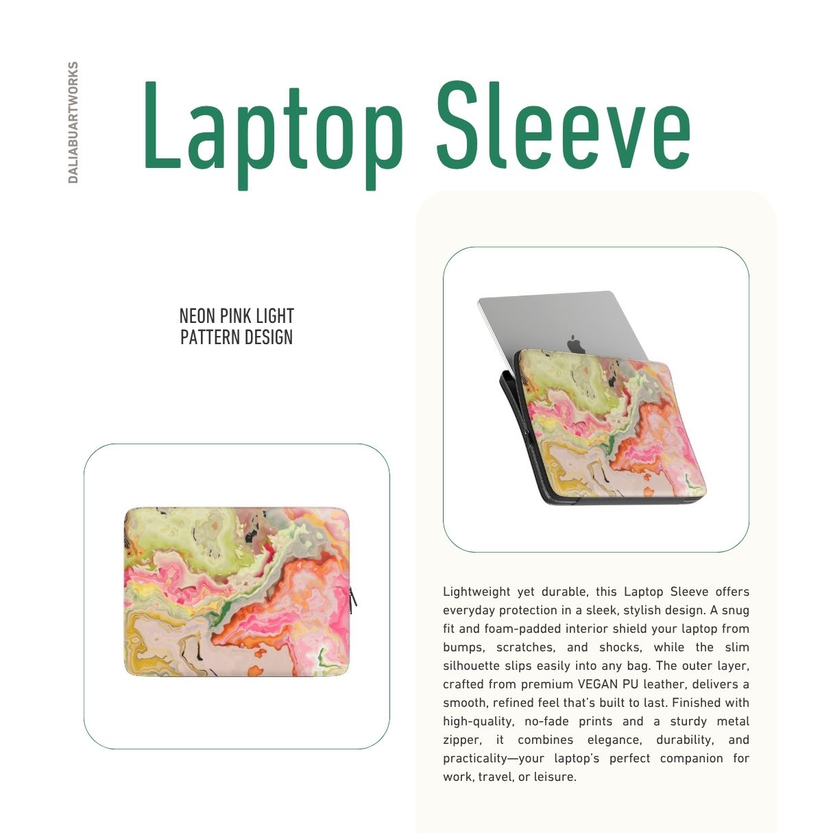 Laptop Sleeve with Neon Pink Light pattern, artistic, abstract marble pattern. Light pink and green color combination. Bold expressive aesthetic design. Colorful and interior fit. Description.