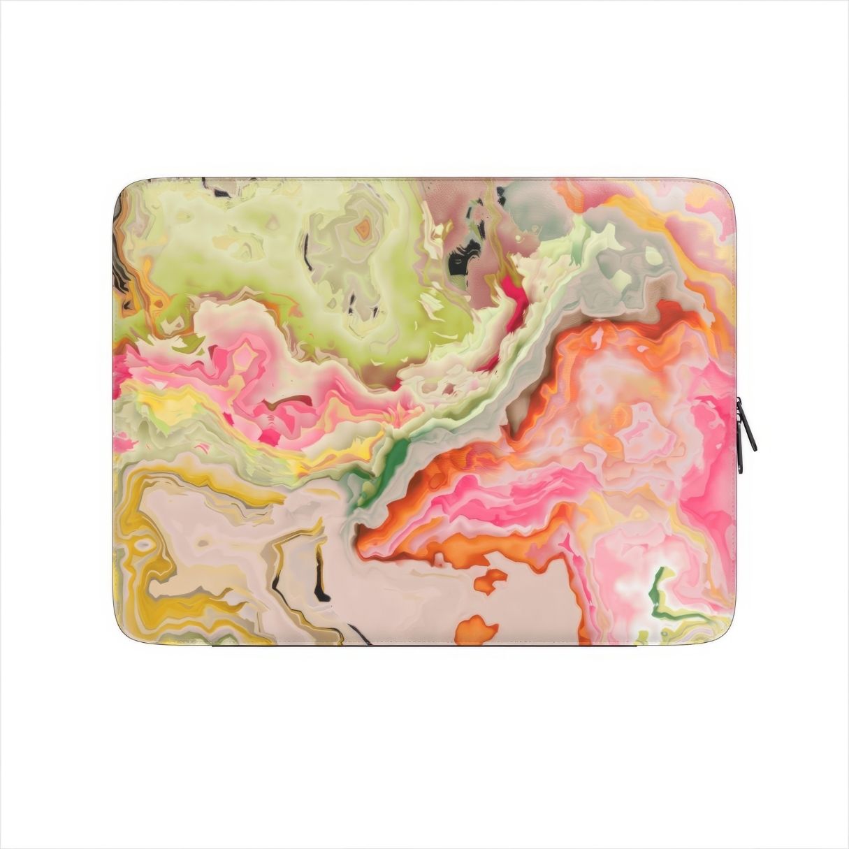Laptop Sleeve with Neon Pink Light pattern, artistic, abstract marble pattern. Light pink and green color combination. Bold expressive aesthetic design. Colorful and interior fit. Front view.