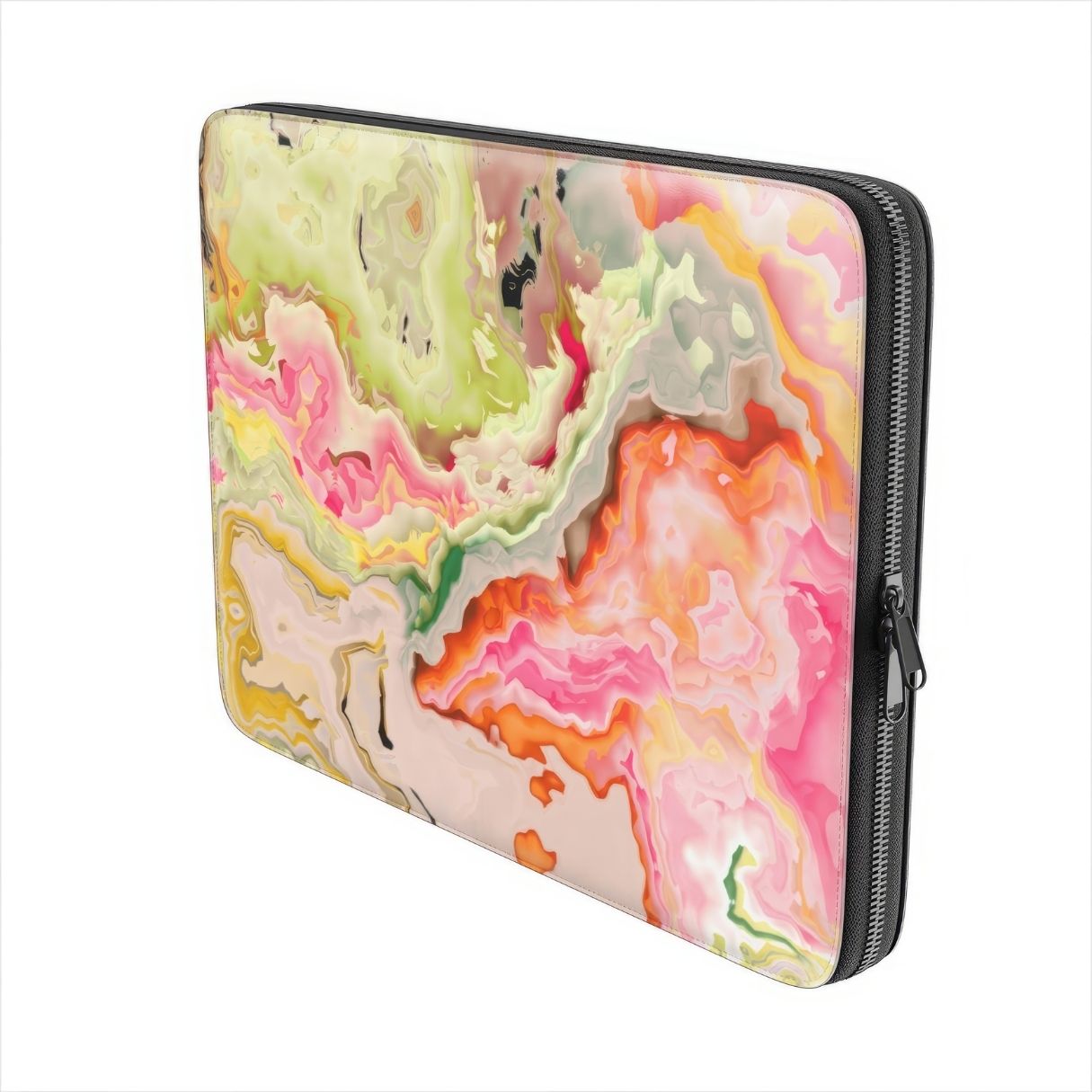Laptop Sleeve with Neon Pink Light pattern, artistic, abstract marble pattern. Light pink and green color combination. Bold expressive aesthetic design. Colorful and interior fit. Side view.