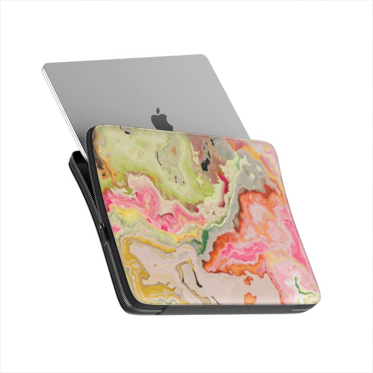 Laptop Sleeve with Neon Pink Light pattern, artistic, abstract marble pattern. Light pink and green color combination. Bold expressive aesthetic design. Colorful and interior fit with device.