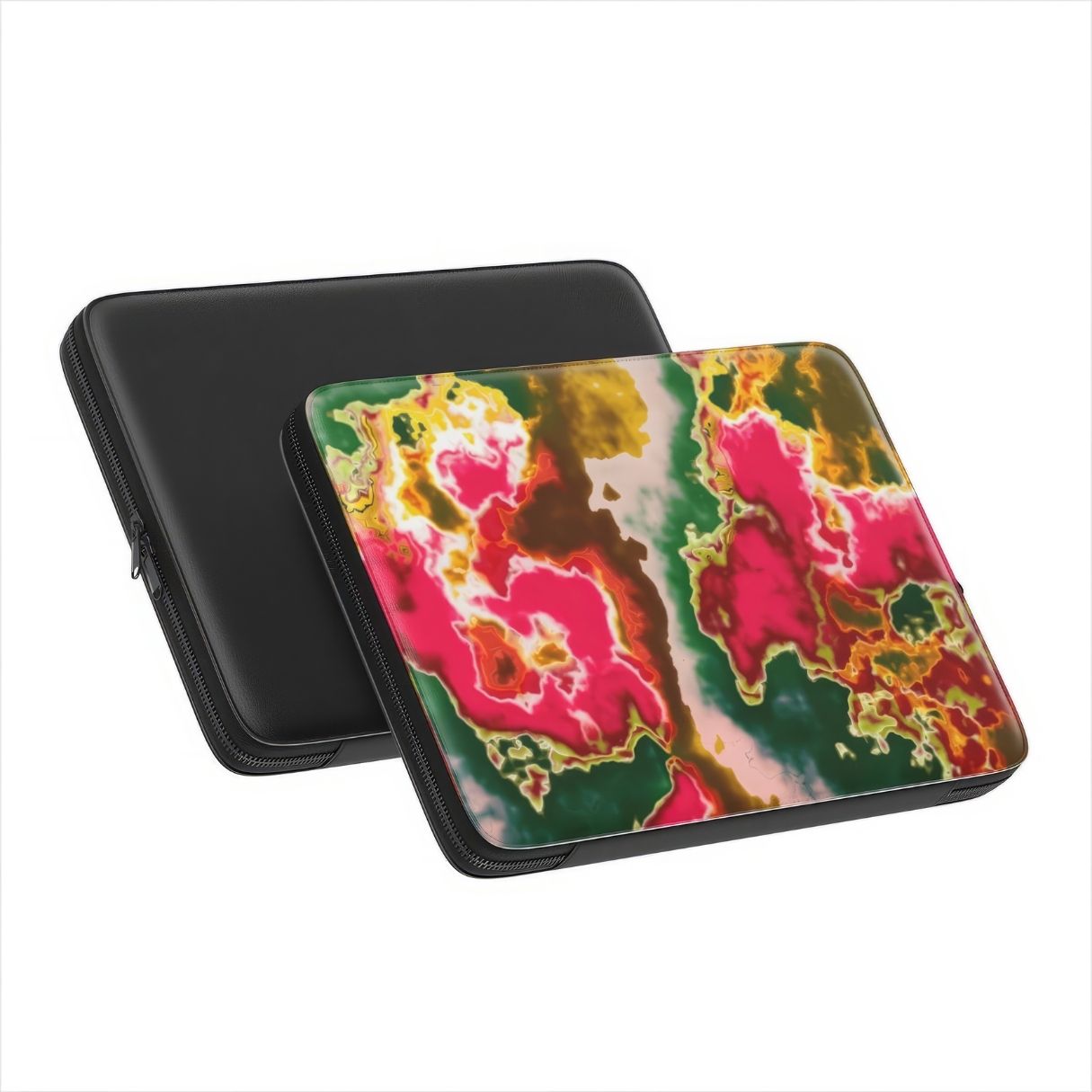 Laptop Sleeve with Neon Pink pattern, artistic, abstract marble pattern. Electric Pink color. Bold expressive aesthetic design. Colorful and interior fit. Front and back view.