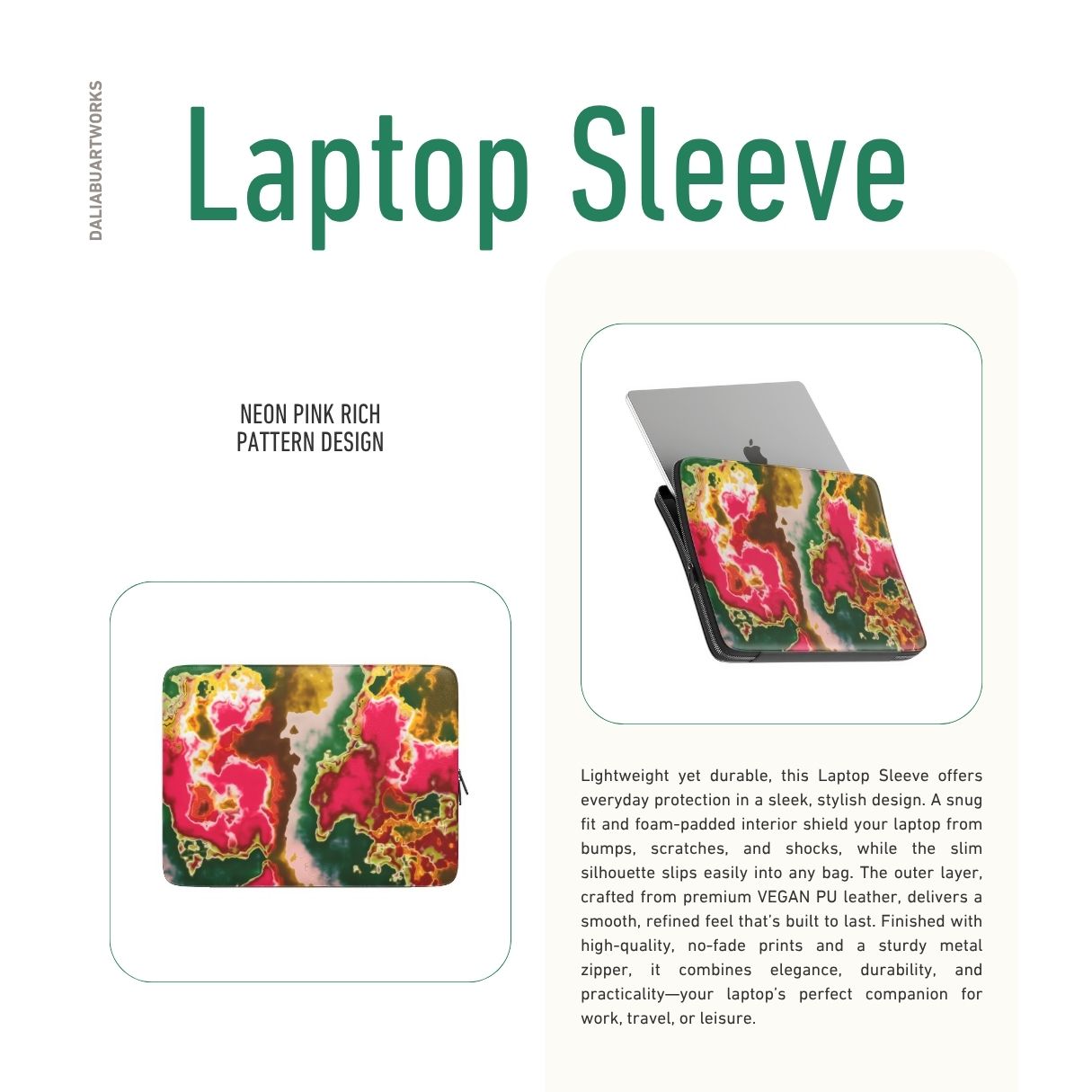 Laptop Sleeve with Neon Pink pattern, artistic, abstract marble pattern. Electric Pink color. Bold expressive aesthetic design. Colorful and interior fit. Description.