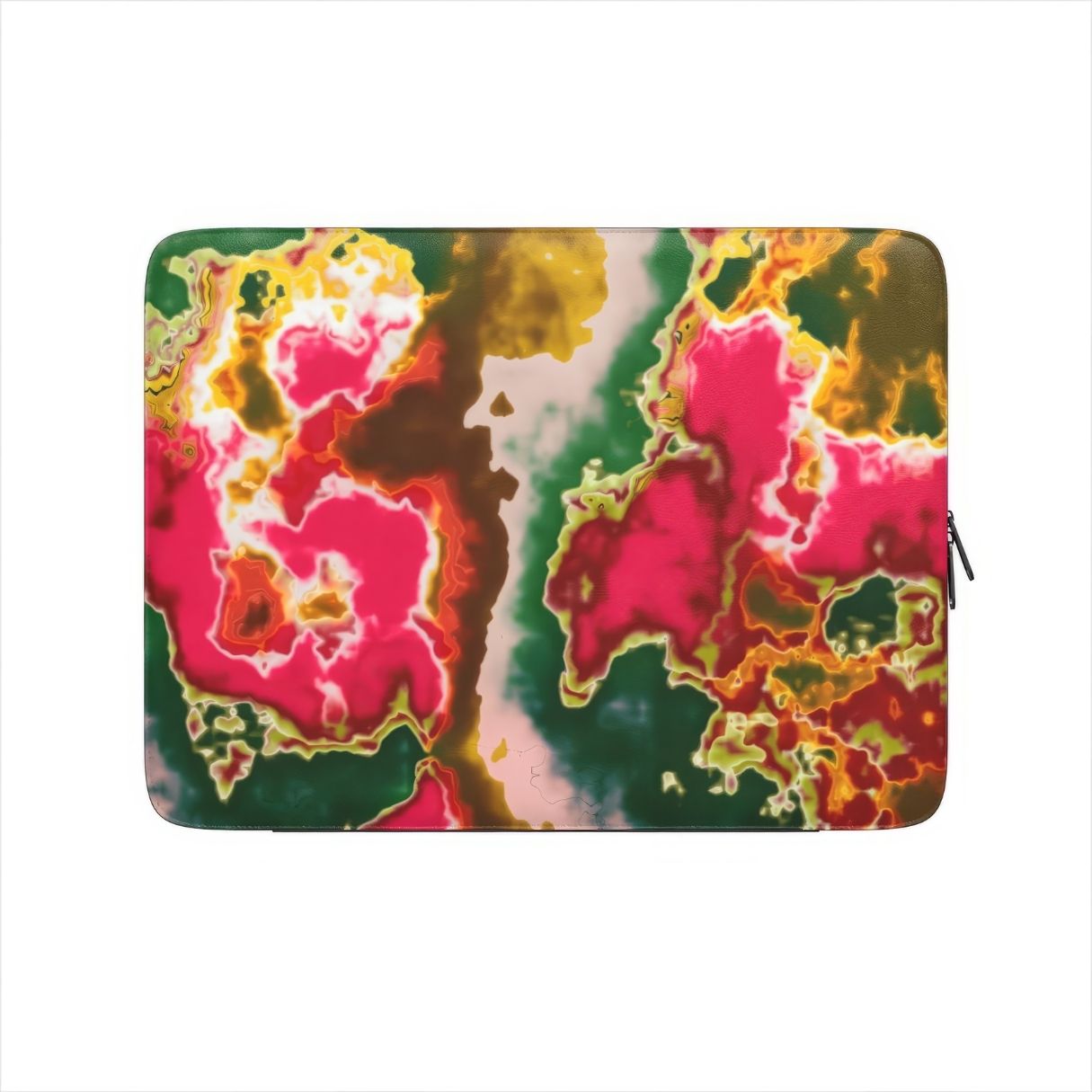 Laptop Sleeve with Neon Pink pattern, artistic, abstract marble pattern. Electric Pink color. Bold expressive aesthetic design. Colorful and interior fit. Front view.