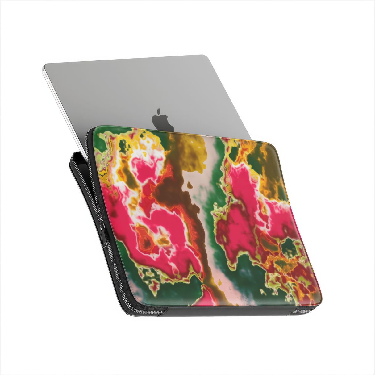 Laptop Sleeve with Neon Pink pattern, artistic, abstract marble pattern. Electric Pink color. Bold expressive aesthetic design. Colorful and interior fit. Side view with device.