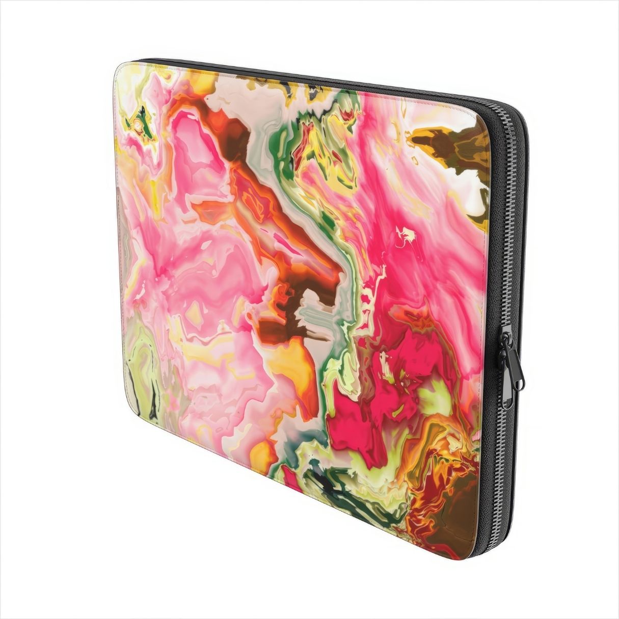 Laptop Sleeve with Neon Pink pattern, artistic, abstract marble pattern. Pink and green color combination. Bold expressive aesthetic design. Colorful and interior fit. Side view.