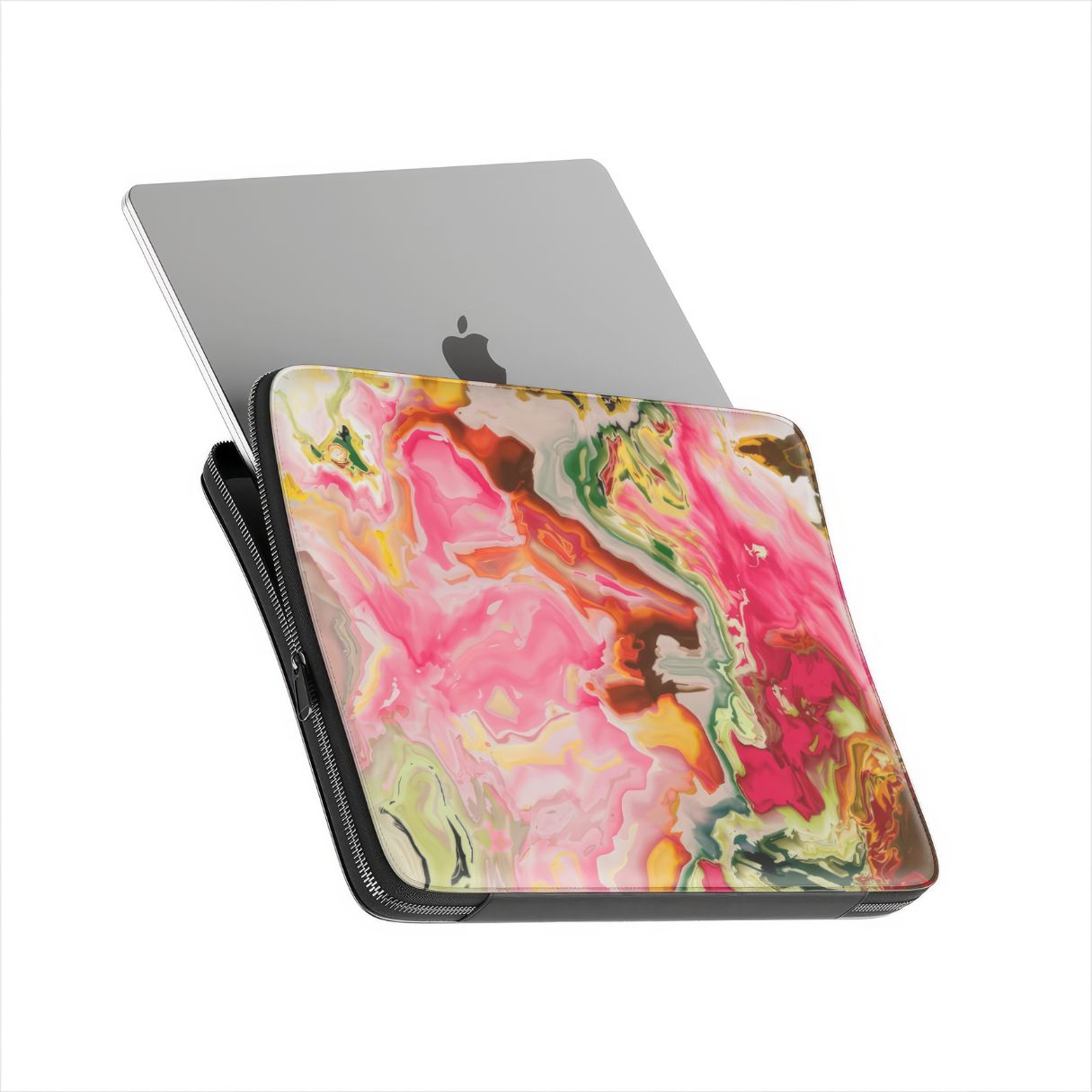 Laptop Sleeve with Neon Pink pattern, artistic, abstract marble pattern. Pink and green color combination. Bold expressive aesthetic design. Colorful and interior fit. Side view with device.