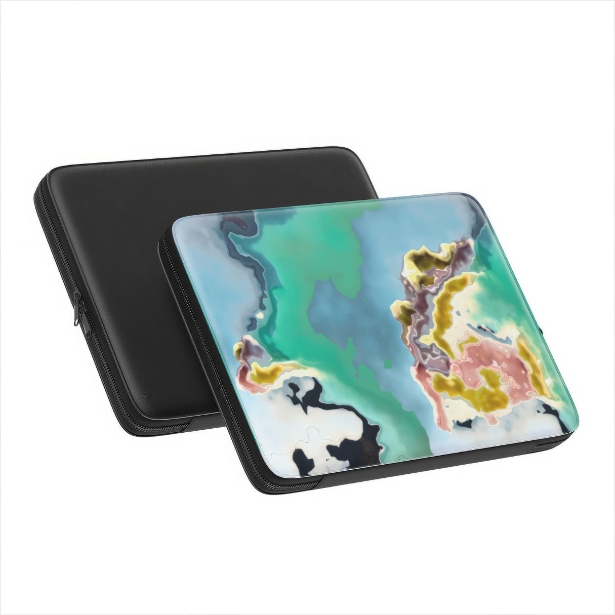 Laptop Sleeve with a bold vivid pattern Oceans Breath in marble abstract and artistic style, featuring an elegant and expressive aesthetic design. Main colors are blue and green. Front and back view.