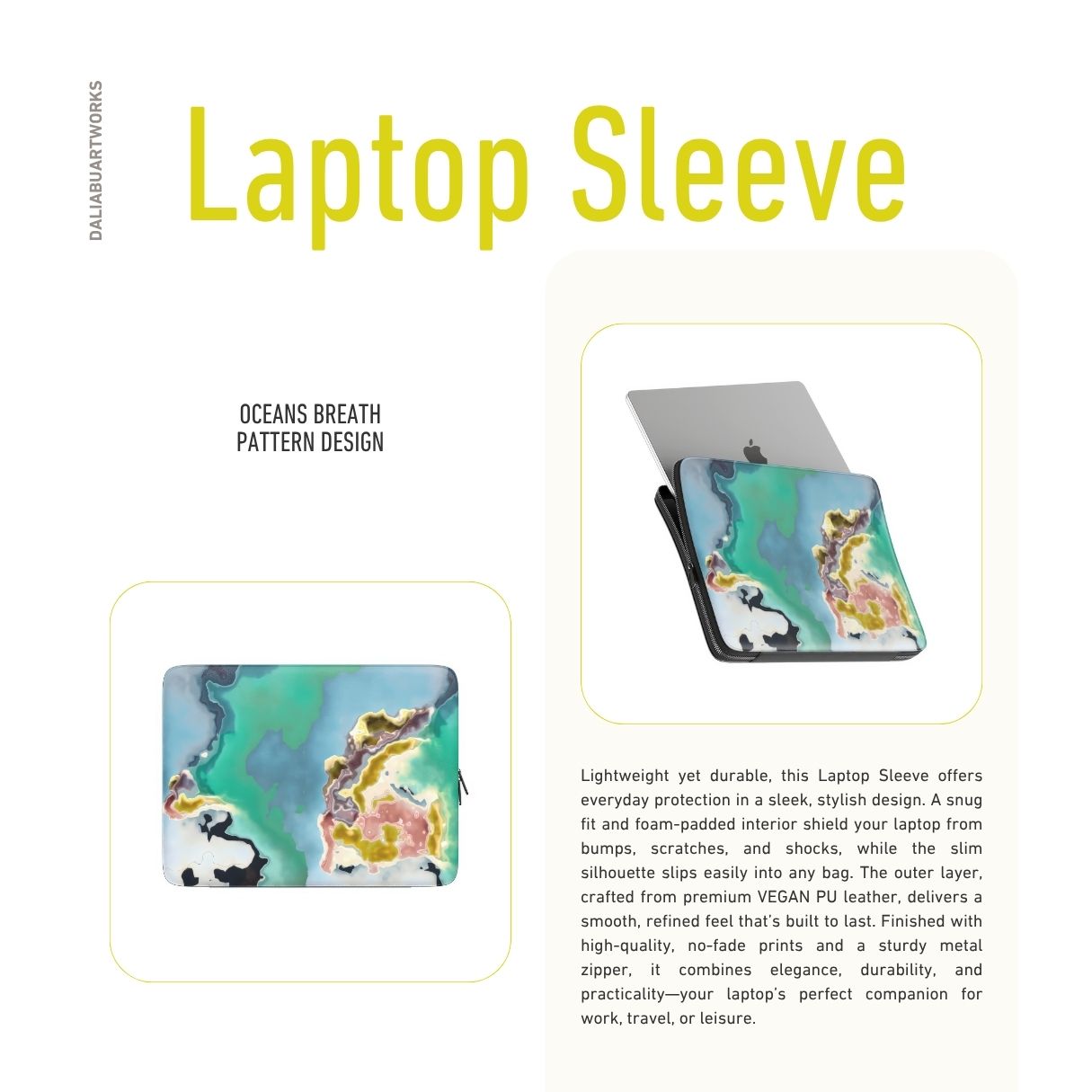 Laptop Sleeve with a bold vivid pattern Oceans Breath in marble abstract and artistic style, featuring an elegant and expressive aesthetic design. Main colors are blue and green. Description.