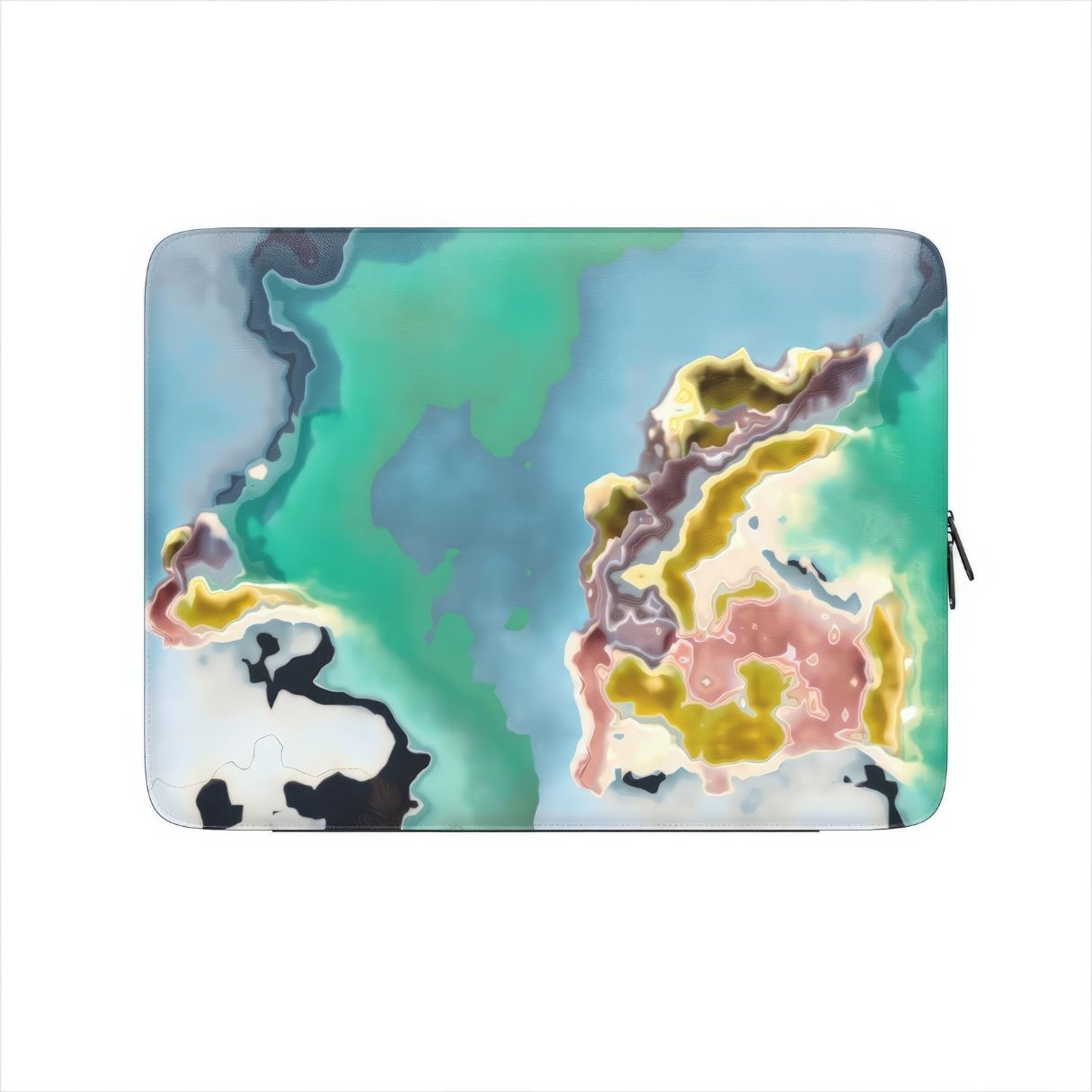Laptop Sleeve with a bold vivid pattern Oceans Breath in marble abstract and artistic style, featuring an elegant and expressive aesthetic design. Main colors are blue and green. Front view.