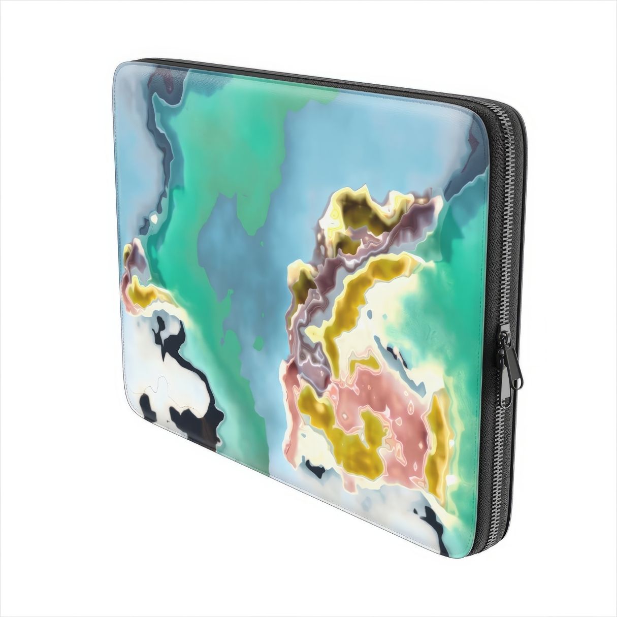 Laptop Sleeve with a bold vivid pattern Oceans Breath in marble abstract and artistic style, featuring an elegant and expressive aesthetic design. Main colors are blue and green. Side view.