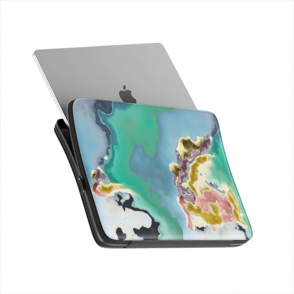 Laptop Sleeve with a bold vivid pattern Oceans Breath in marble abstract and artistic style, featuring an elegant and expressive aesthetic design. Main colors are blue and green. Side view with device.