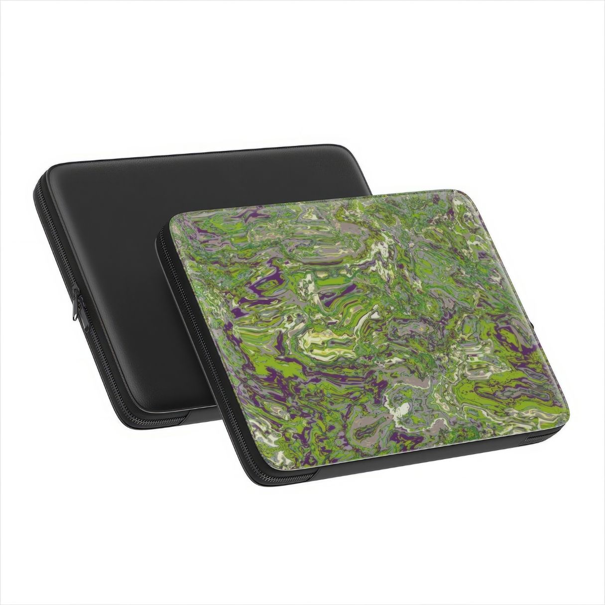 Laptop Sleeve with a bold vivid pattern Olive Smash abstract and artistic style, featuring an elegant and expressive aesthetic design. Main colors are olive green and purple hues. Front and back view.