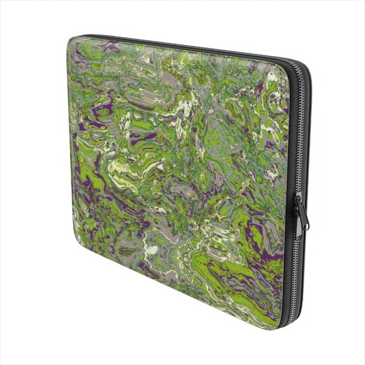 Laptop Sleeve with a bold vivid pattern Olive Smash abstract and artistic style, featuring an elegant and expressive aesthetic design. Main colors are olive green and purple hues. Side view.