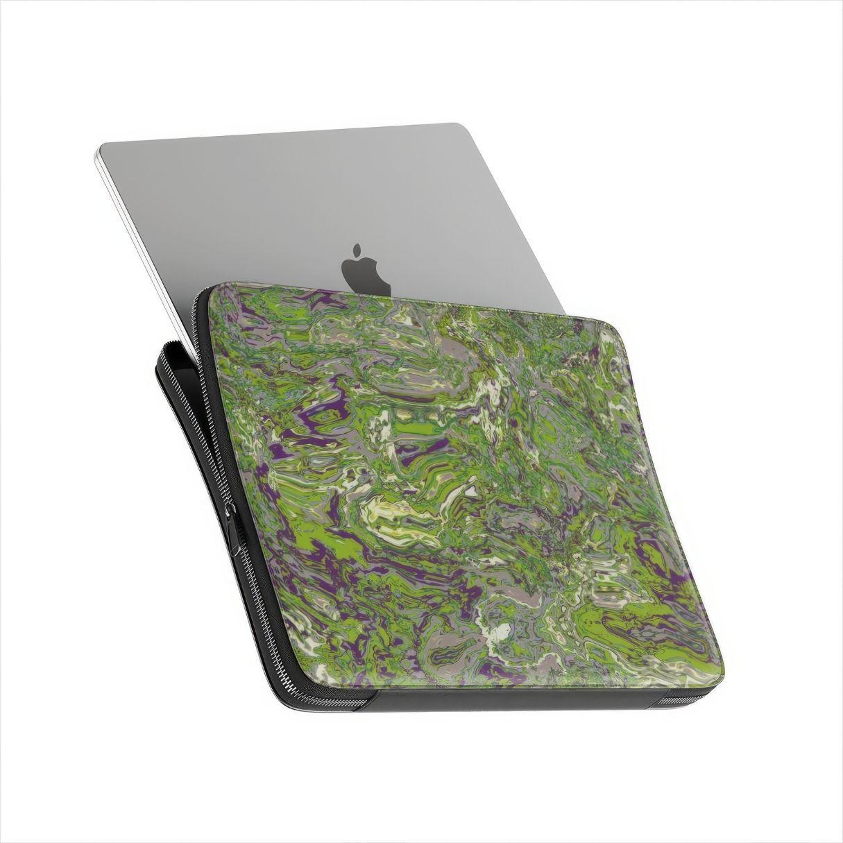 Laptop Sleeve with a bold vivid pattern Olive Smash abstract and artistic style, featuring an elegant and expressive aesthetic design. Main colors are olive green and purple hues. View with laptop.