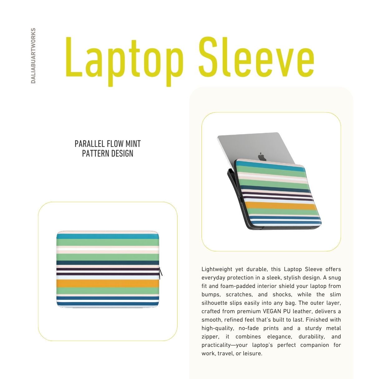 Laptop Sleeve with Parallel Flow Mint pattern with tiny color stripes, featuring an elegant and expressive aesthetic design. Main colors are minty sage, powder pink, navy blue, orange. Description.