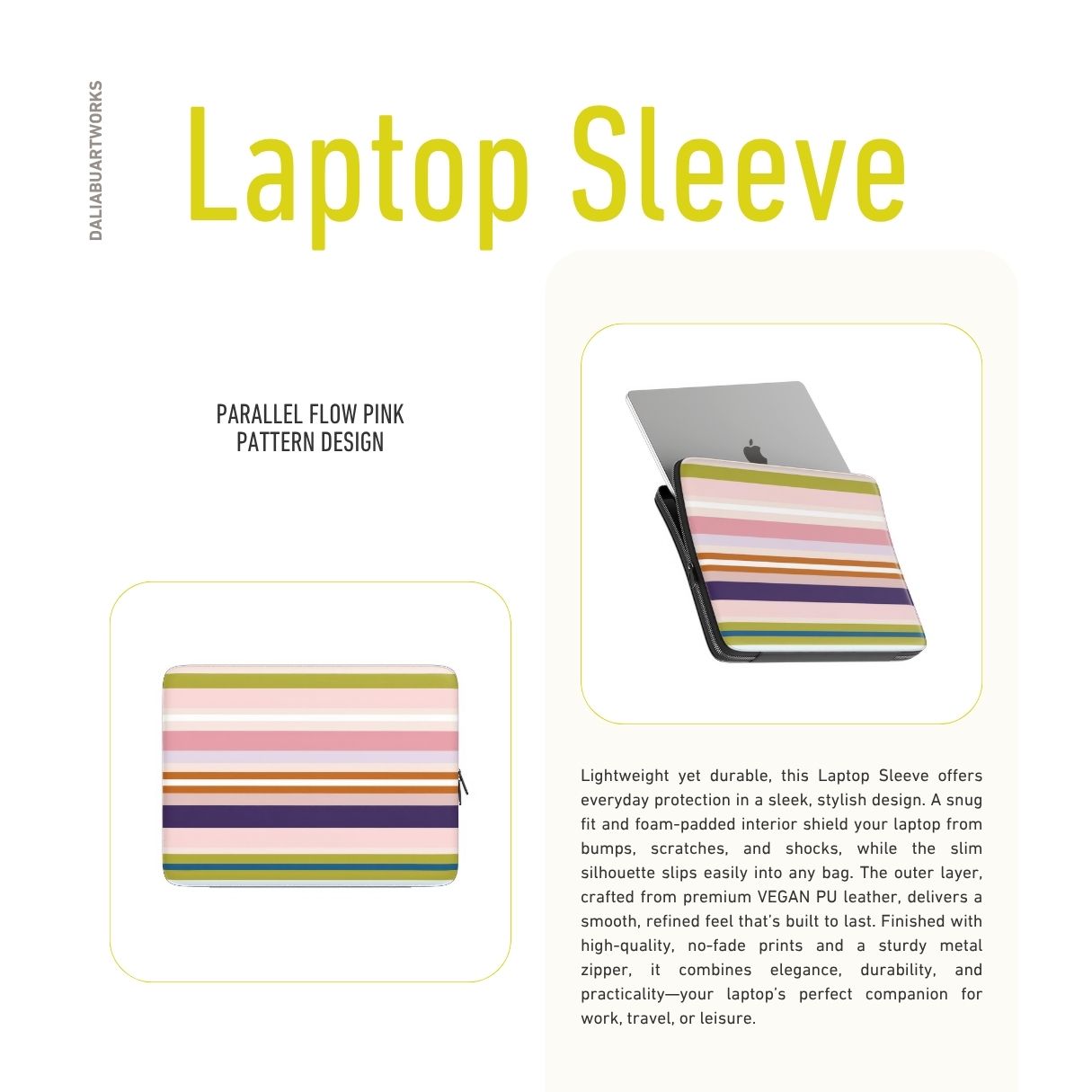 Laptop Sleeve with Parallel Flow Pink pattern with tiny color stripes, featuring an elegant and expressive aesthetic design. Main colors are minty sage, powder pink, navy blue, orange. Description.