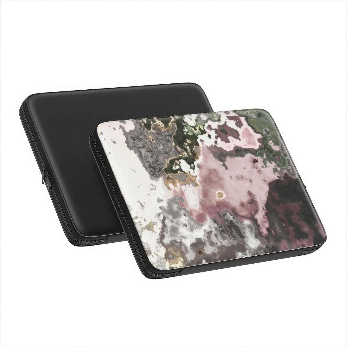 Laptop Sleeve with Pink Moss pattern, artistic, abstract marble pattern. Pink and grey color combination. Bold expressive aesthetic design. Colorful and interior fit. Front and back view.