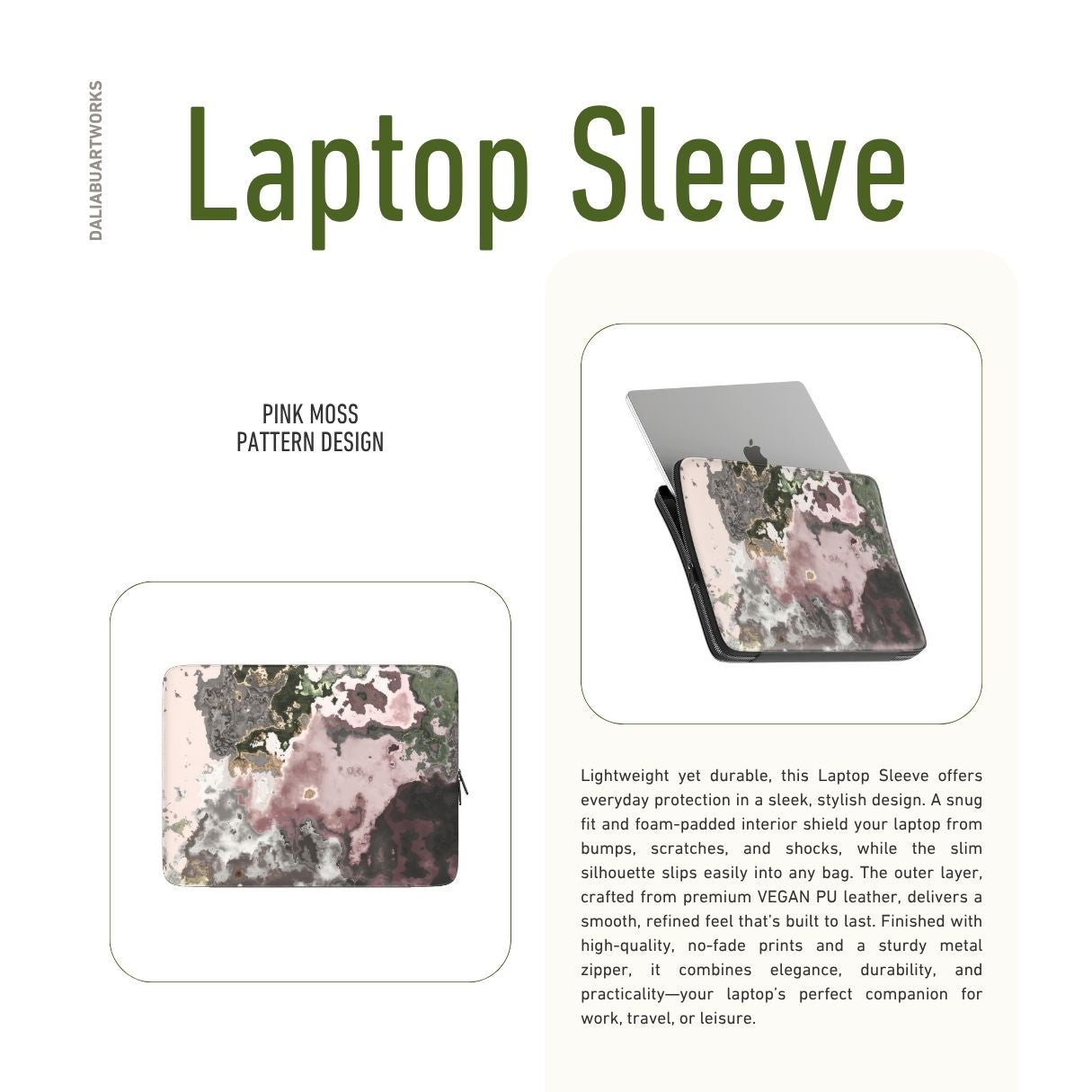 Laptop Sleeve with Pink Moss pattern, artistic, abstract marble pattern. Pink and grey color combination. Bold expressive aesthetic design. Colorful and interior fit. Description.