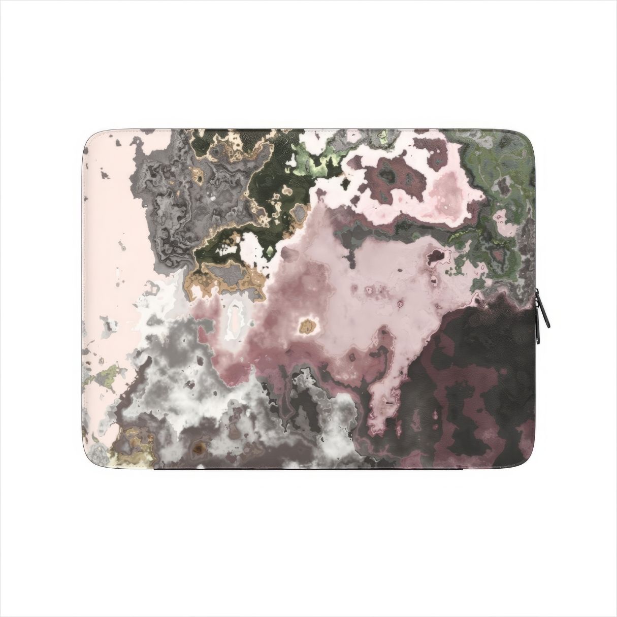 Laptop Sleeve with Pink Moss pattern, artistic, abstract marble pattern. Pink and grey color combination. Bold expressive aesthetic design. Colorful and interior fit. Front view.