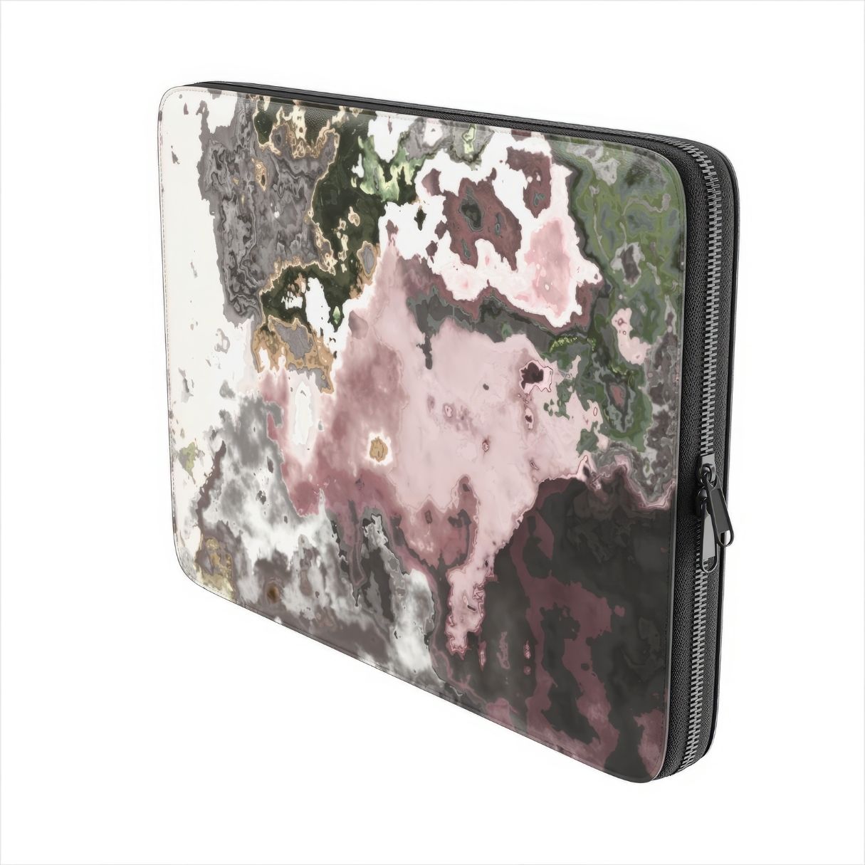 Laptop Sleeve with Pink Moss pattern, artistic, abstract marble pattern. Pink and grey color combination. Bold expressive aesthetic design. Colorful and interior fit. Side view.