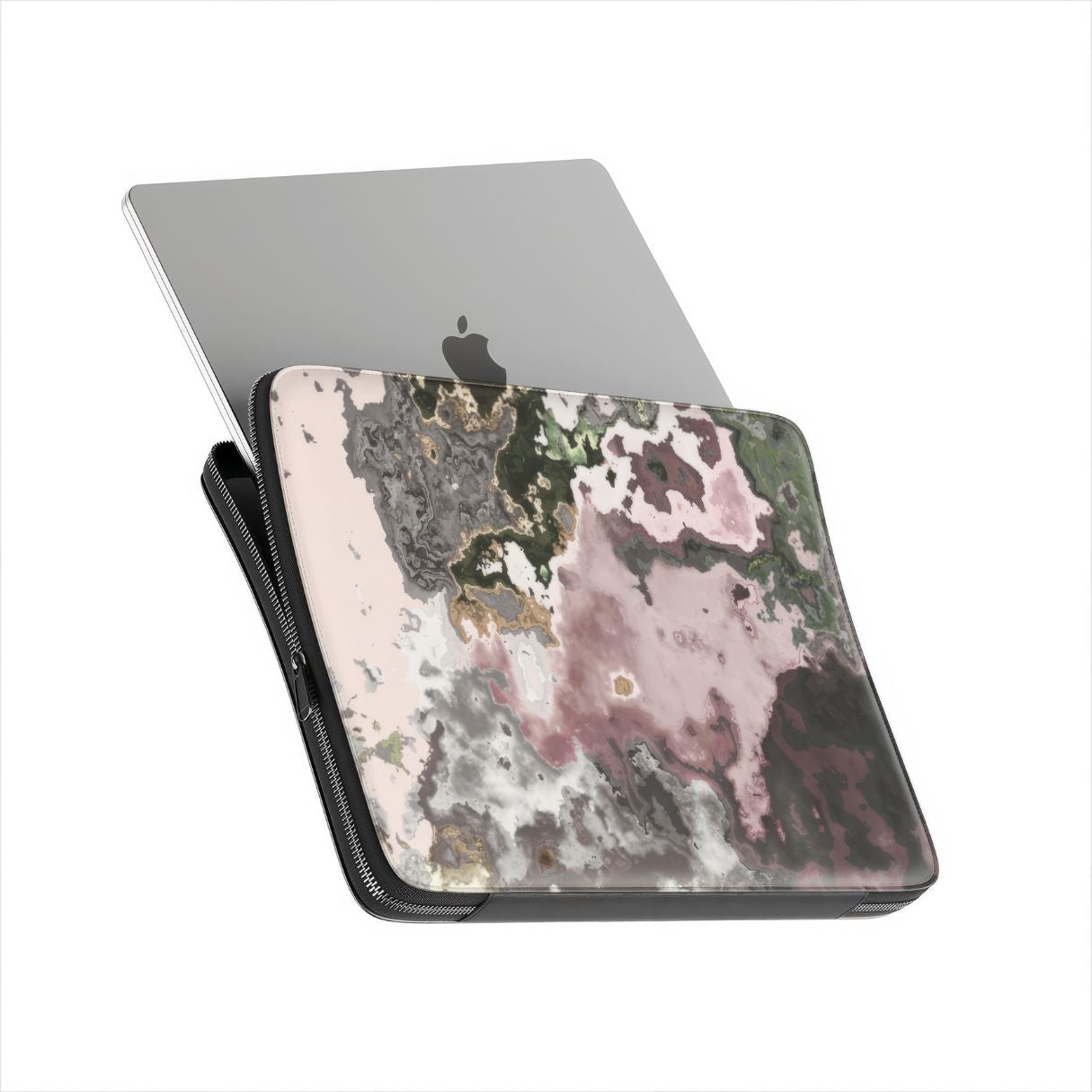Laptop Sleeve with Pink Moss pattern, artistic, abstract marble pattern. Pink and grey color combination. Bold expressive aesthetic design. Colorful and interior fit. Side view with device.