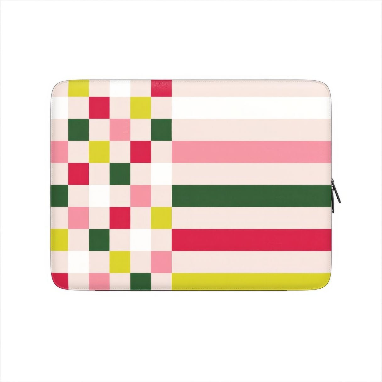 Laptop Sleeve with Pixel Grid Pink pattern design with a bold color blocks in pixel and stripes modern style, featuring an elegant and expressive aesthetic design. Main colors are rich red, pink yellow and green. Front view.