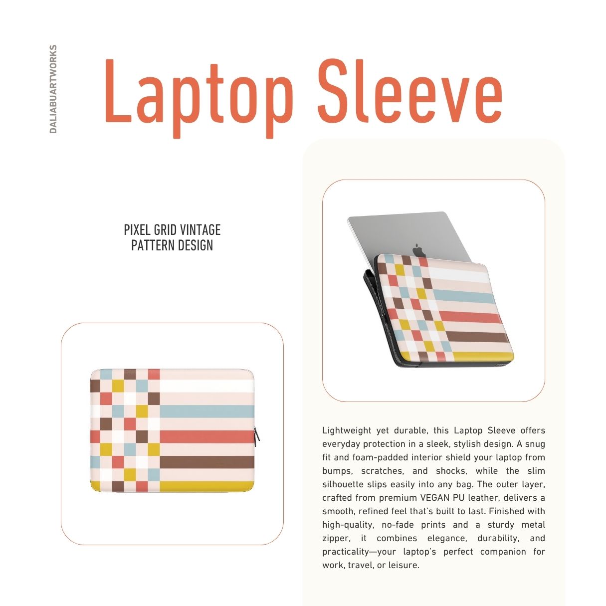 Laptop Sleeve with Pixel Grid Vintage pattern design with a bold color blocks in pixel and stripes modern style, featuring an elegant and expressive aesthetic design. Main colors are pastel with pink, brown, muted red and light sky blue. Description.