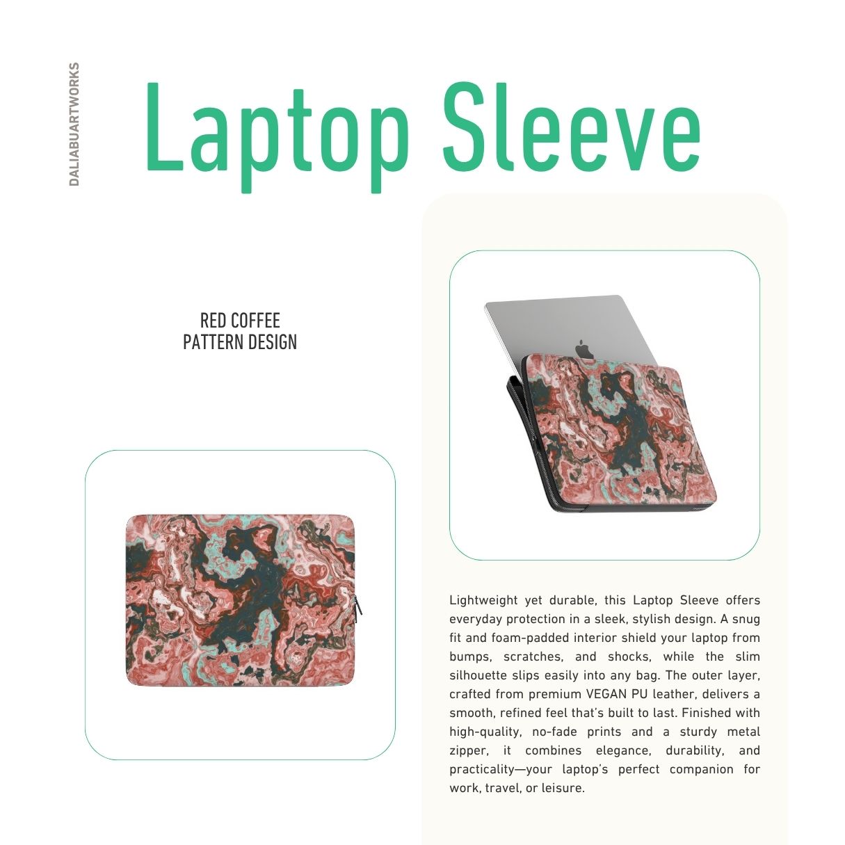 Laptop Sleeve description; Red Coffee pattern, artistic, abstract marble pattern. Red and light blue color combination. Bold expressive aesthetic design. Colorful and interior fit.