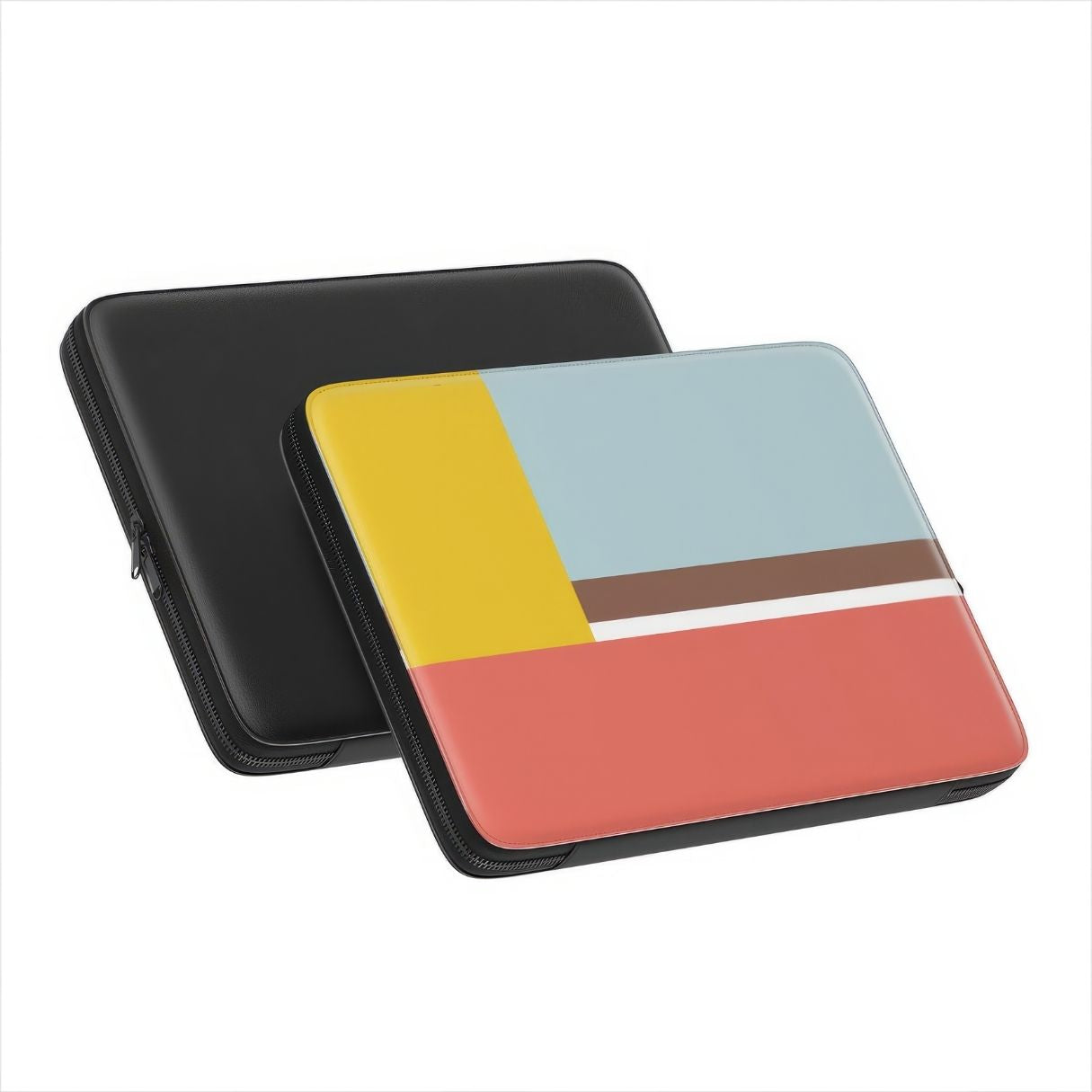 Laptop Sleeve with Retro Stripes Red pattern design with a bold color blocks in vintage, mid century modern style, featuring an elegant and expressive aesthetic design. Main colors are yellow, muted red and light blue. Front and back view.