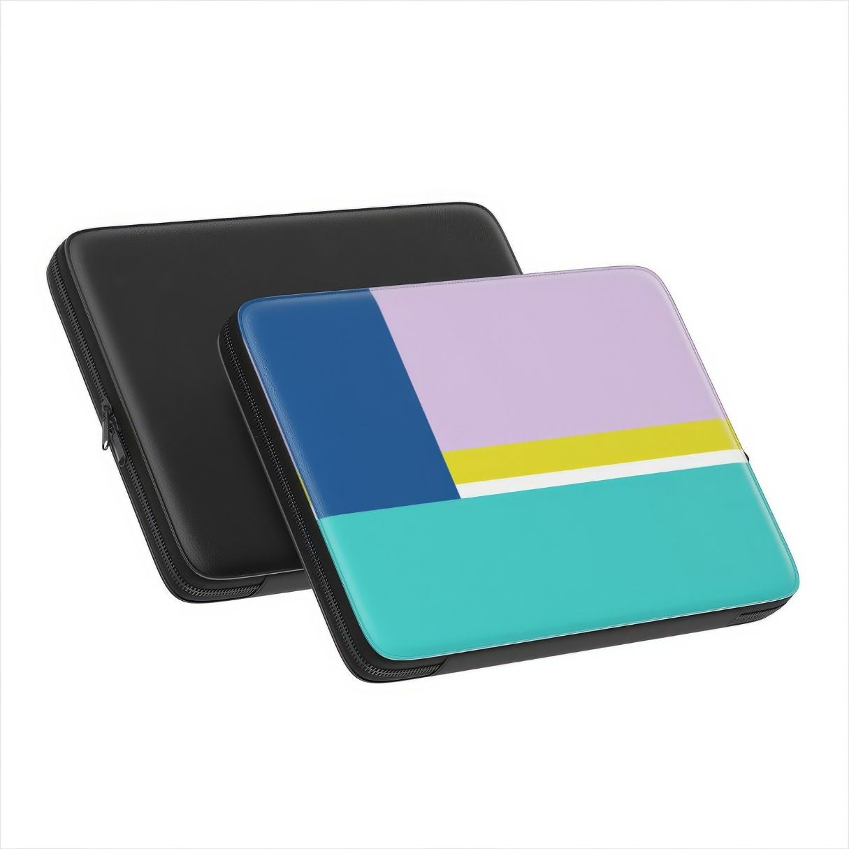 Laptop Sleeve with Retro Stripes Teal pattern design with a bold color blocks in vintage, mid century modern style, featuring an elegant and expressive aesthetic design. Main colors are navy blue, teal green, lilac and yellow. Extend view. Front and back view.