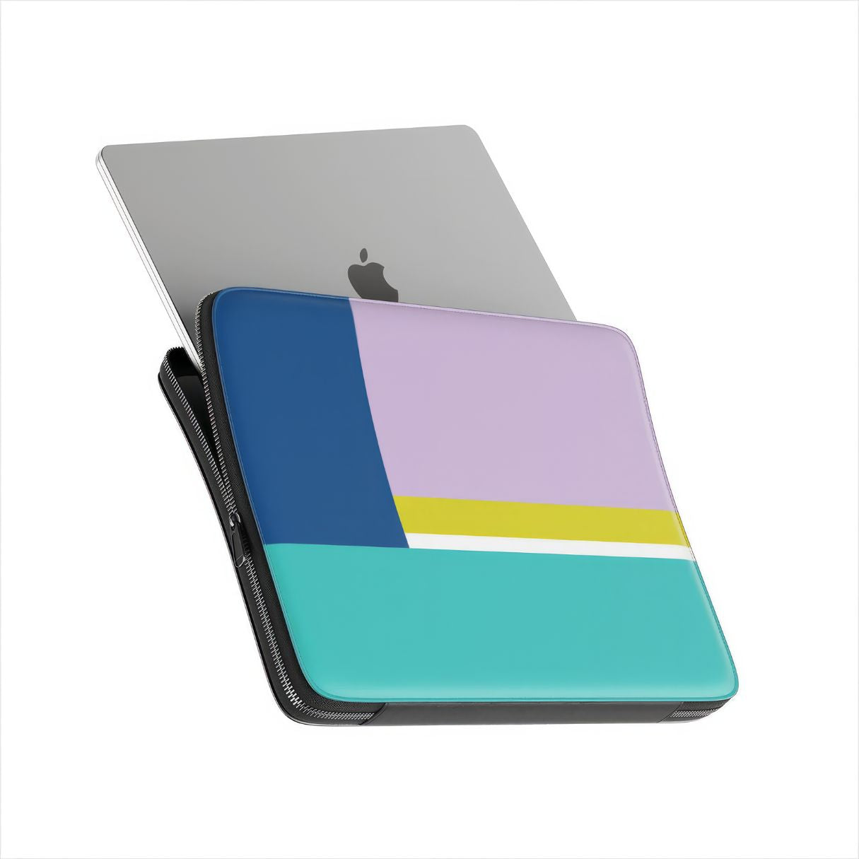 Laptop Sleeve with Retro Stripes Teal pattern design with a bold color blocks in vintage, mid century modern style, featuring an elegant and expressive aesthetic design. Main colors are navy blue, teal green, lilac and yellow. Extend view. Side view with device.